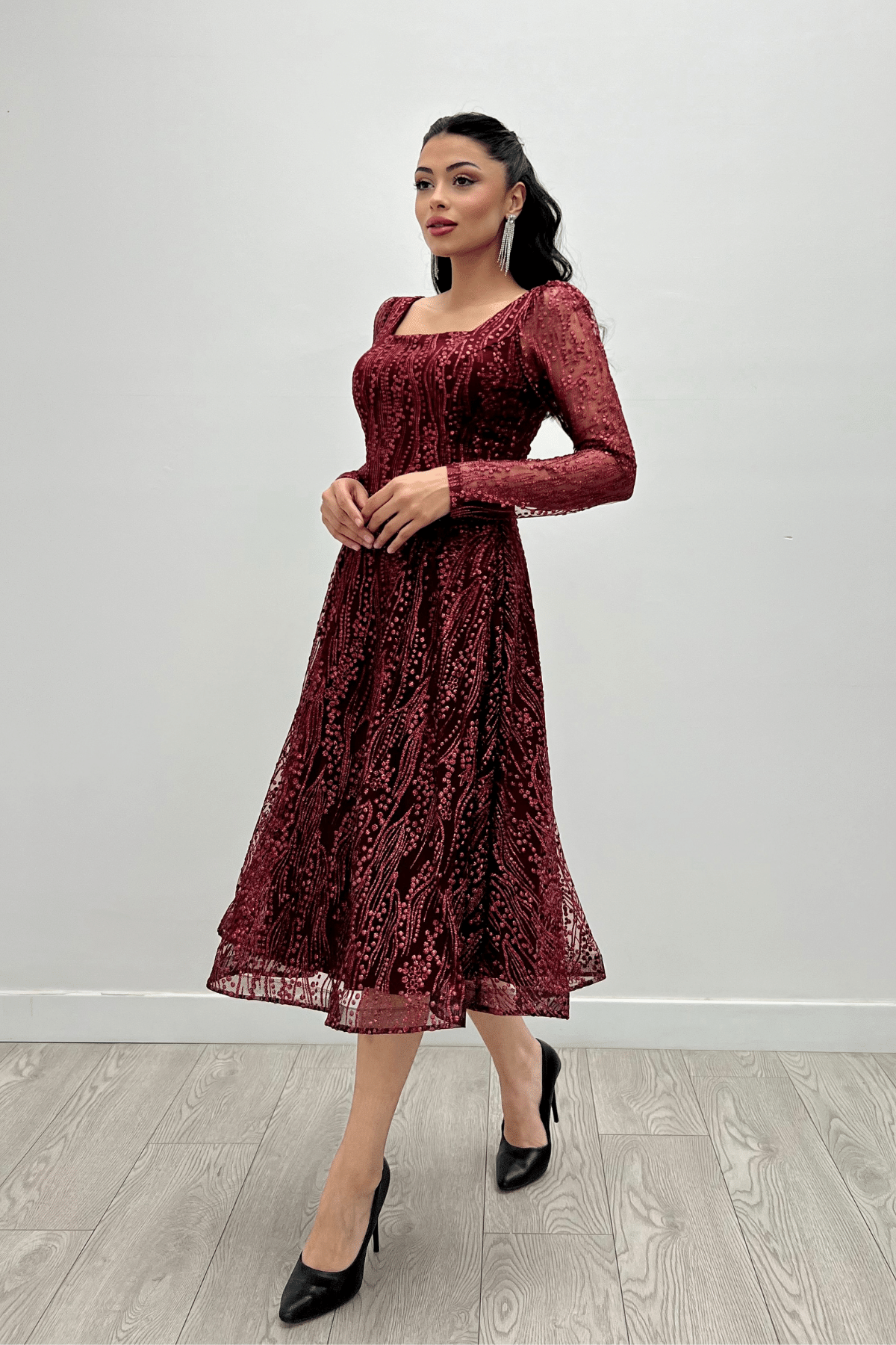 Square Neck Midi Evening Dress - BURGUNDY