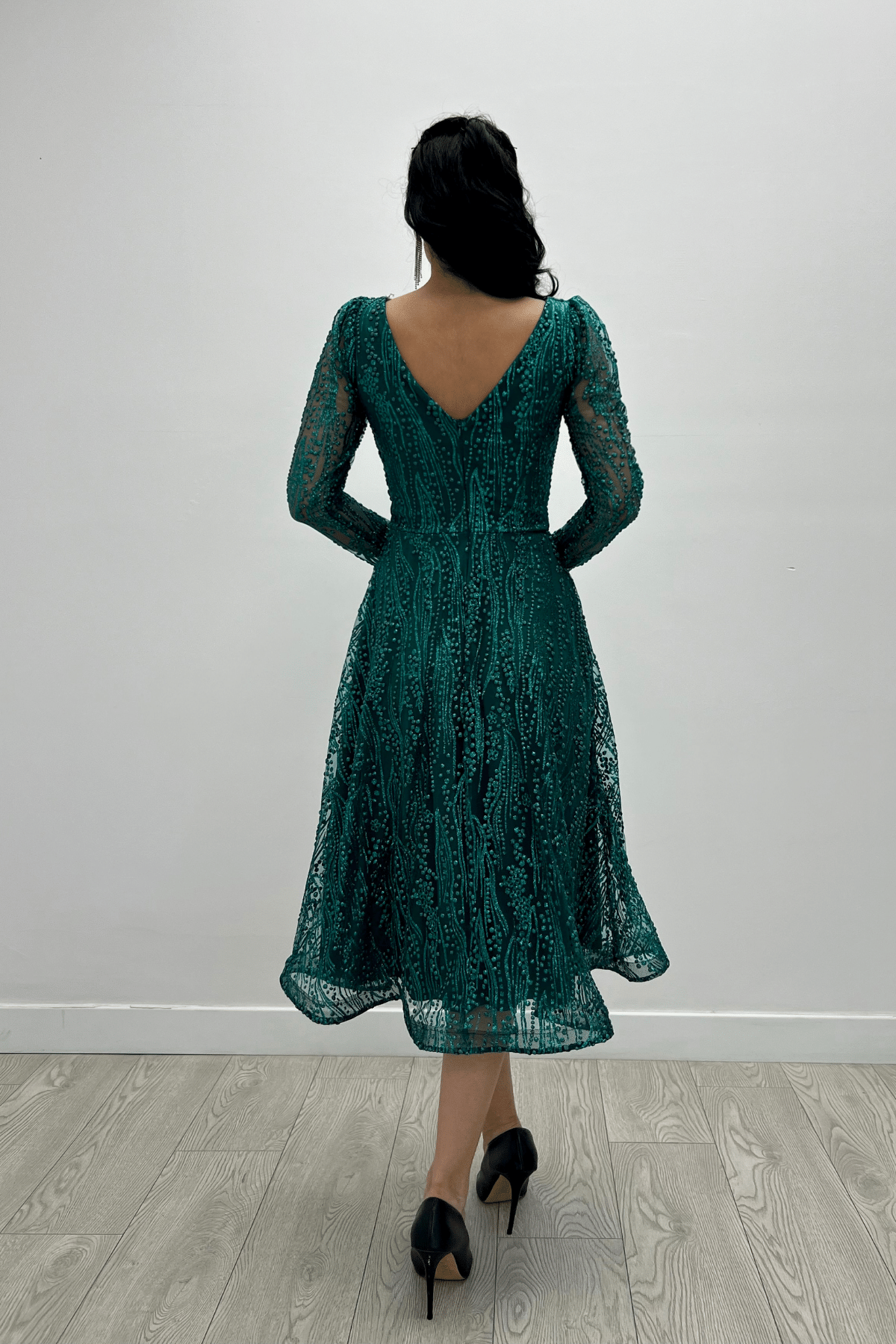 Square Neck Midi Evening Dress - EMERALD GREEN