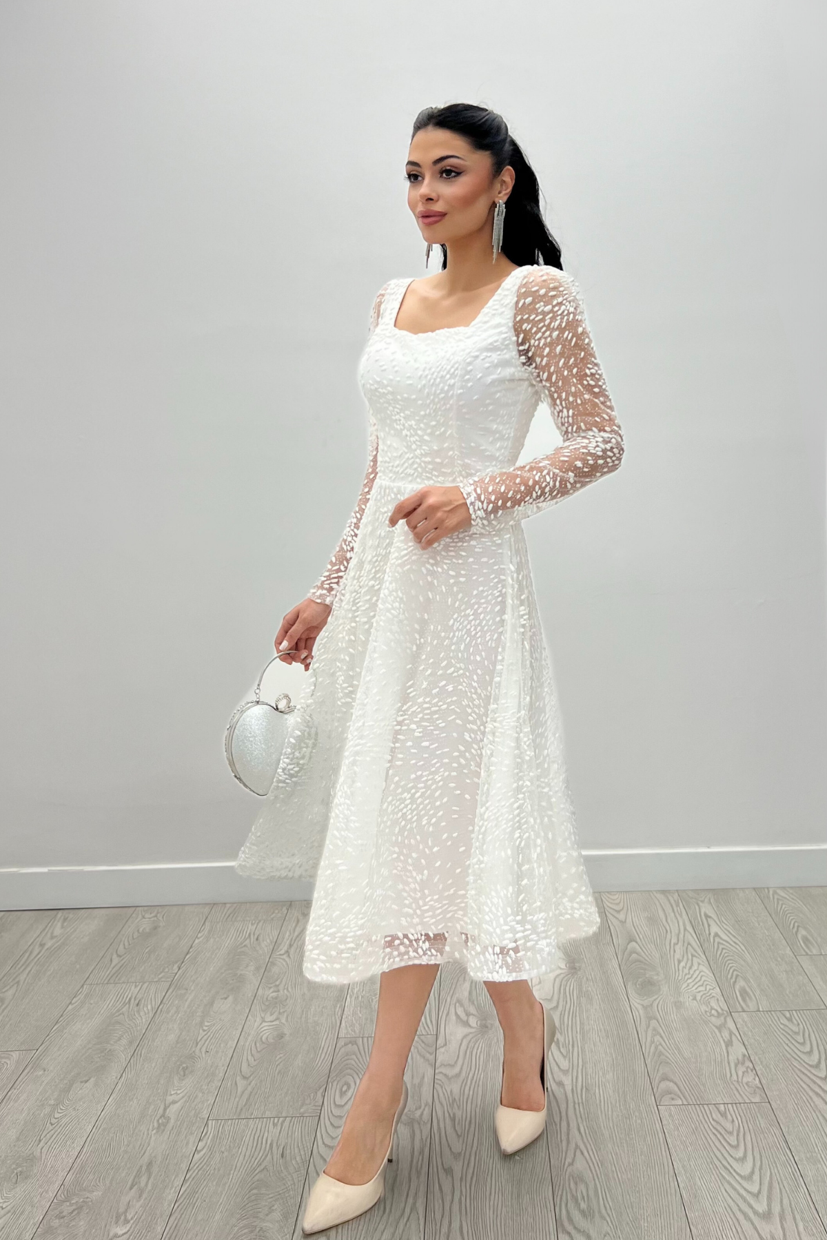 Tül Simli Kumaş Kare Yaka Midi Abiye Elbise - BEYAZ