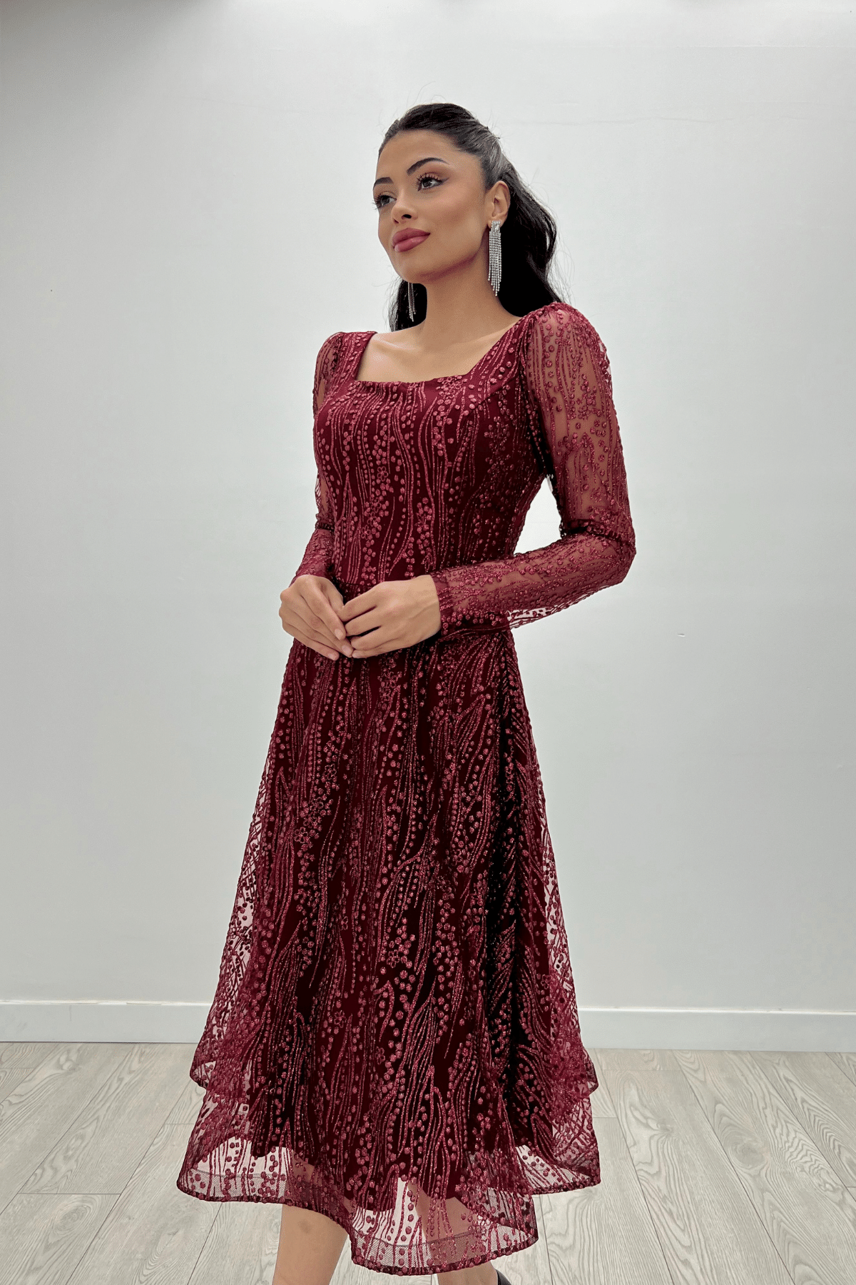 Square Neck Midi Evening Dress - BURGUNDY