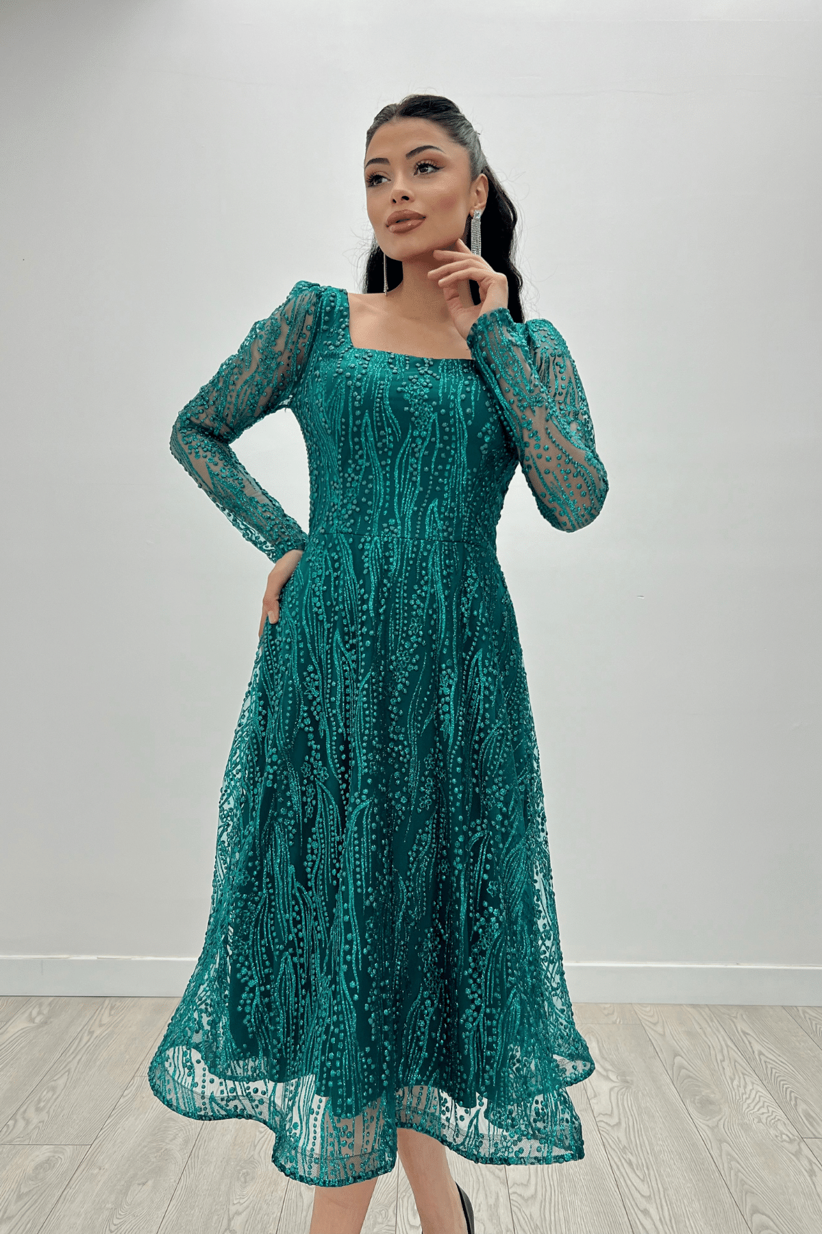 Square Neck Midi Evening Dress - EMERALD GREEN