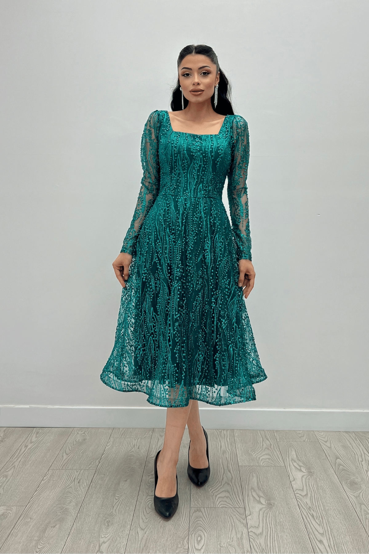 Square Neck Midi Evening Dress - EMERALD GREEN