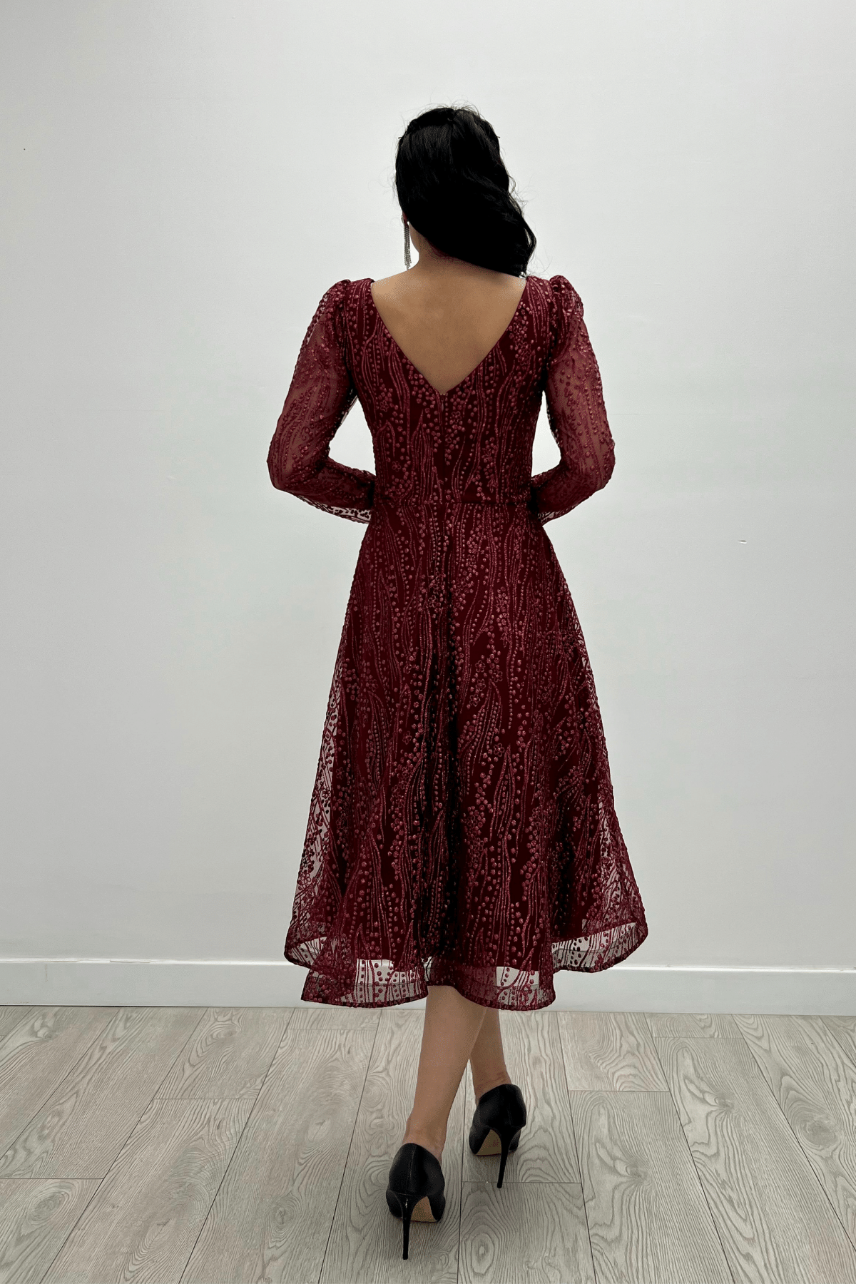 Square Neck Midi Evening Dress - BURGUNDY