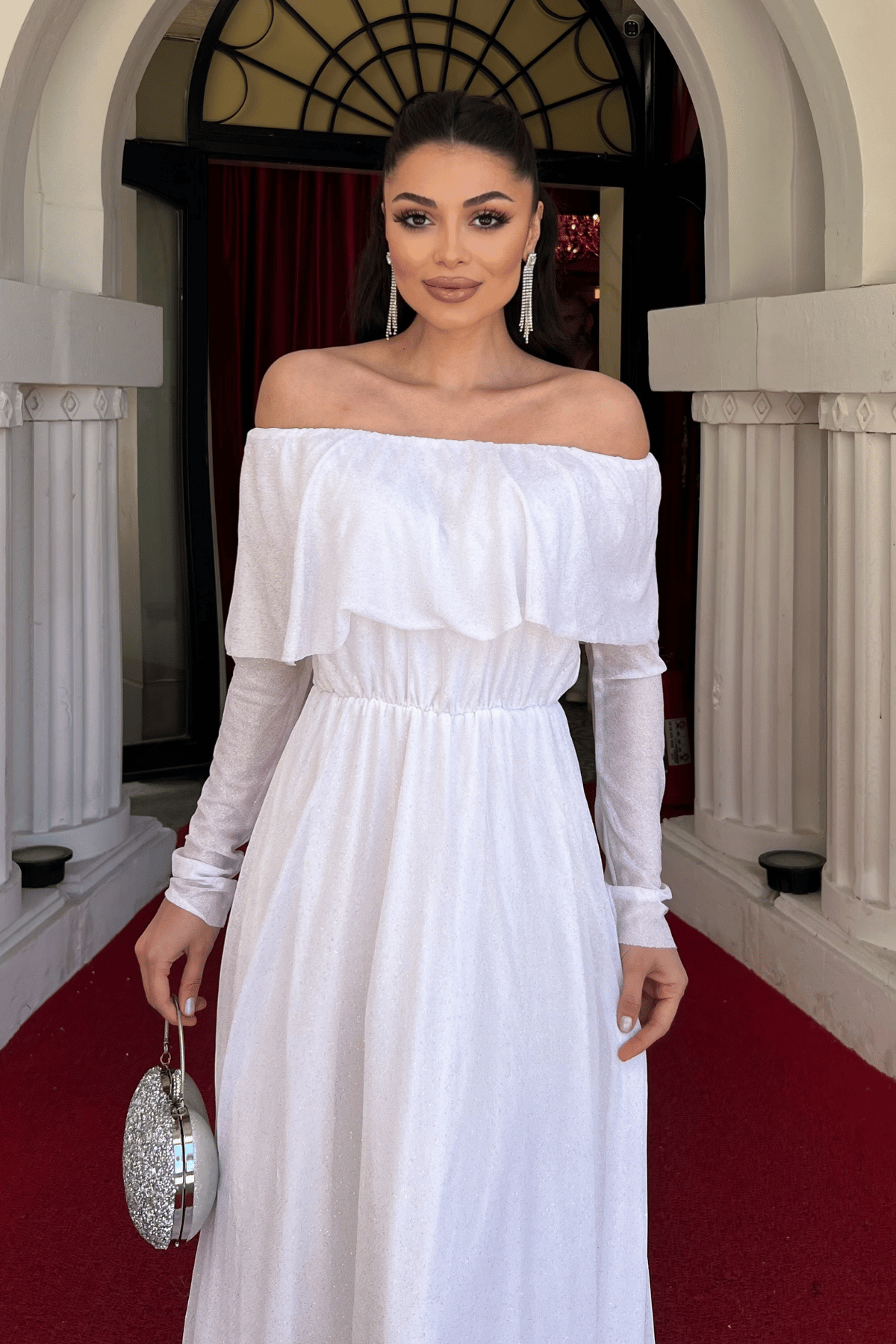 فستان سهرة لامع على التول - الأبيض