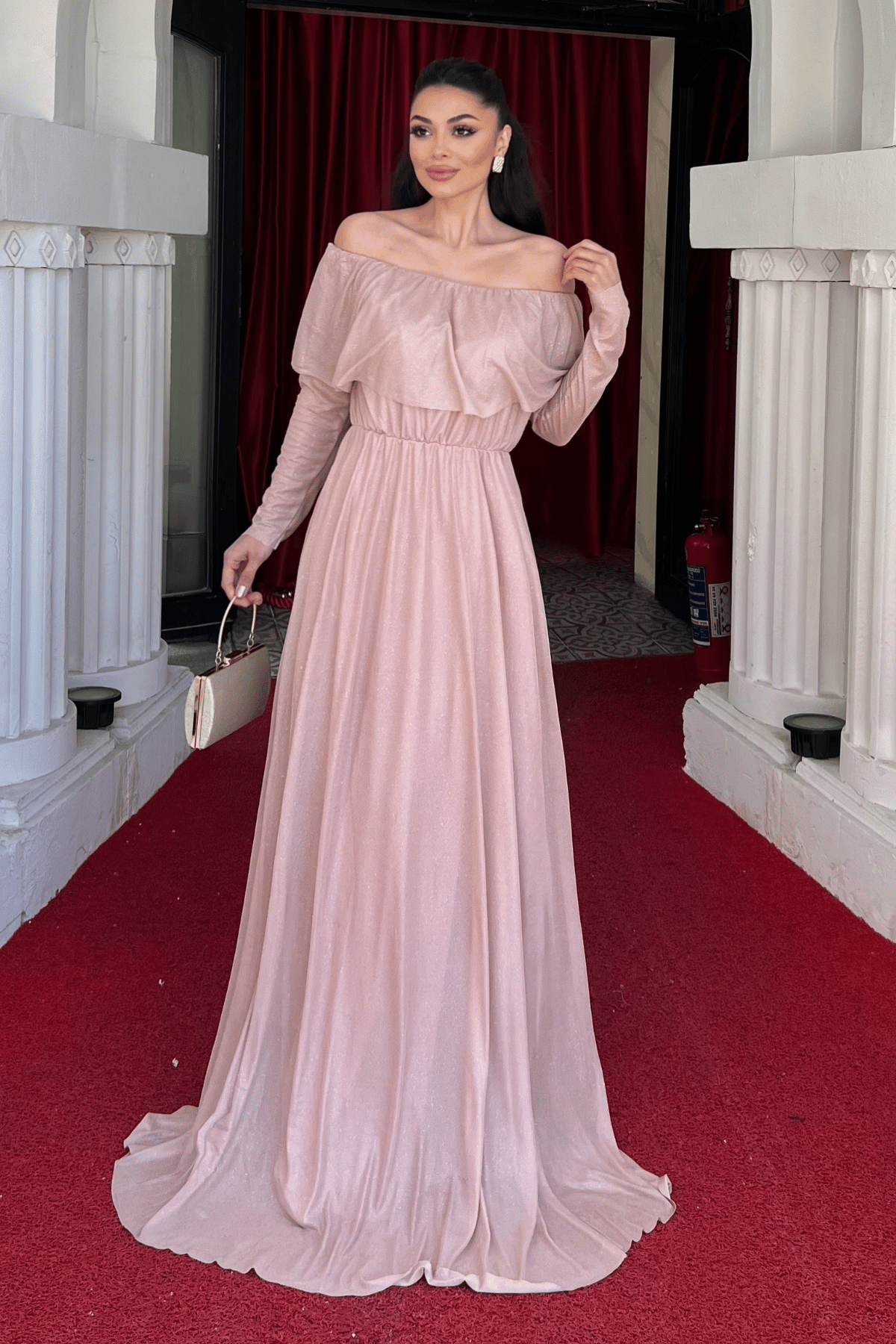 فستان سهرة لامع على التول - لون البودرة