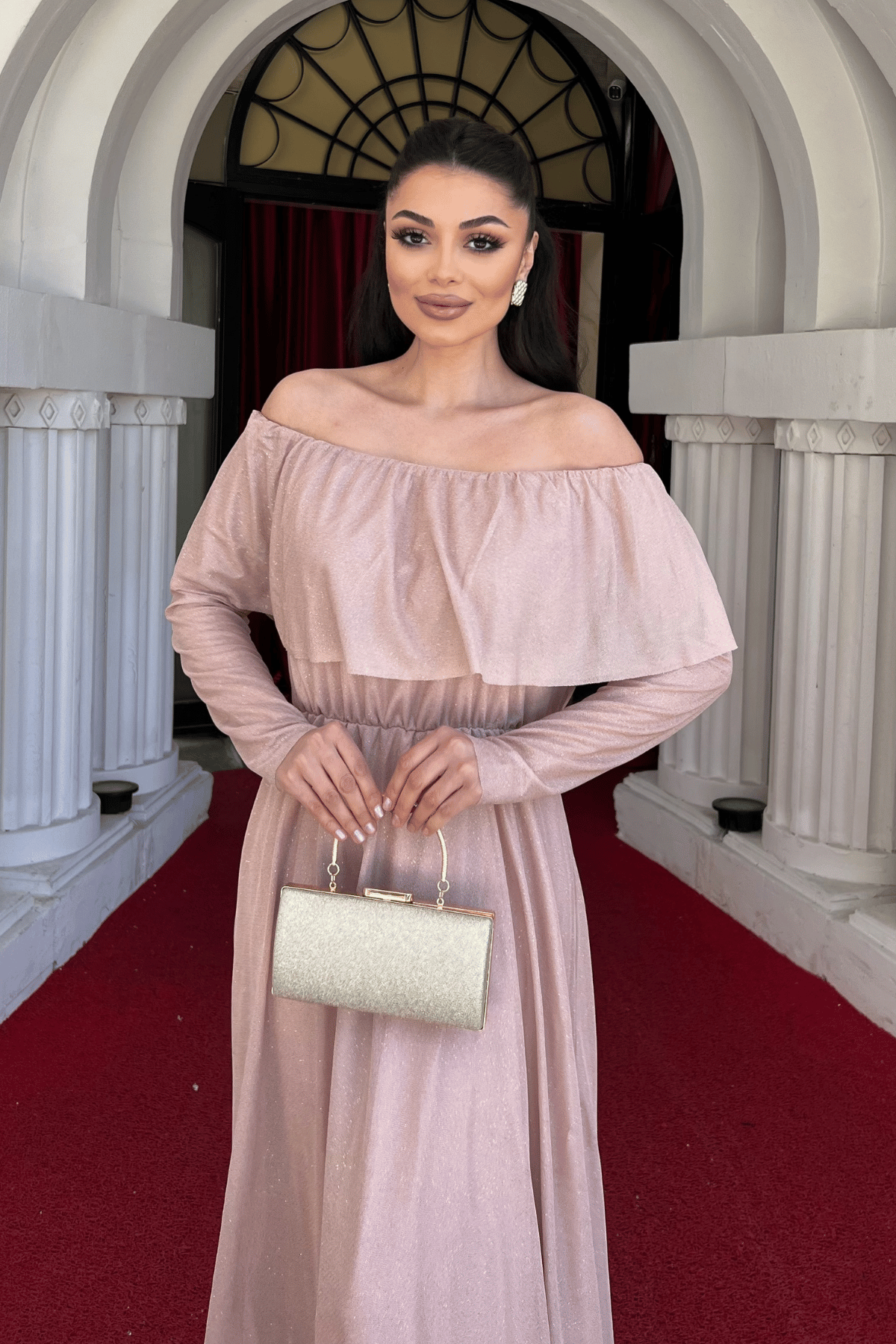 فستان سهرة لامع على التول - لون البودرة