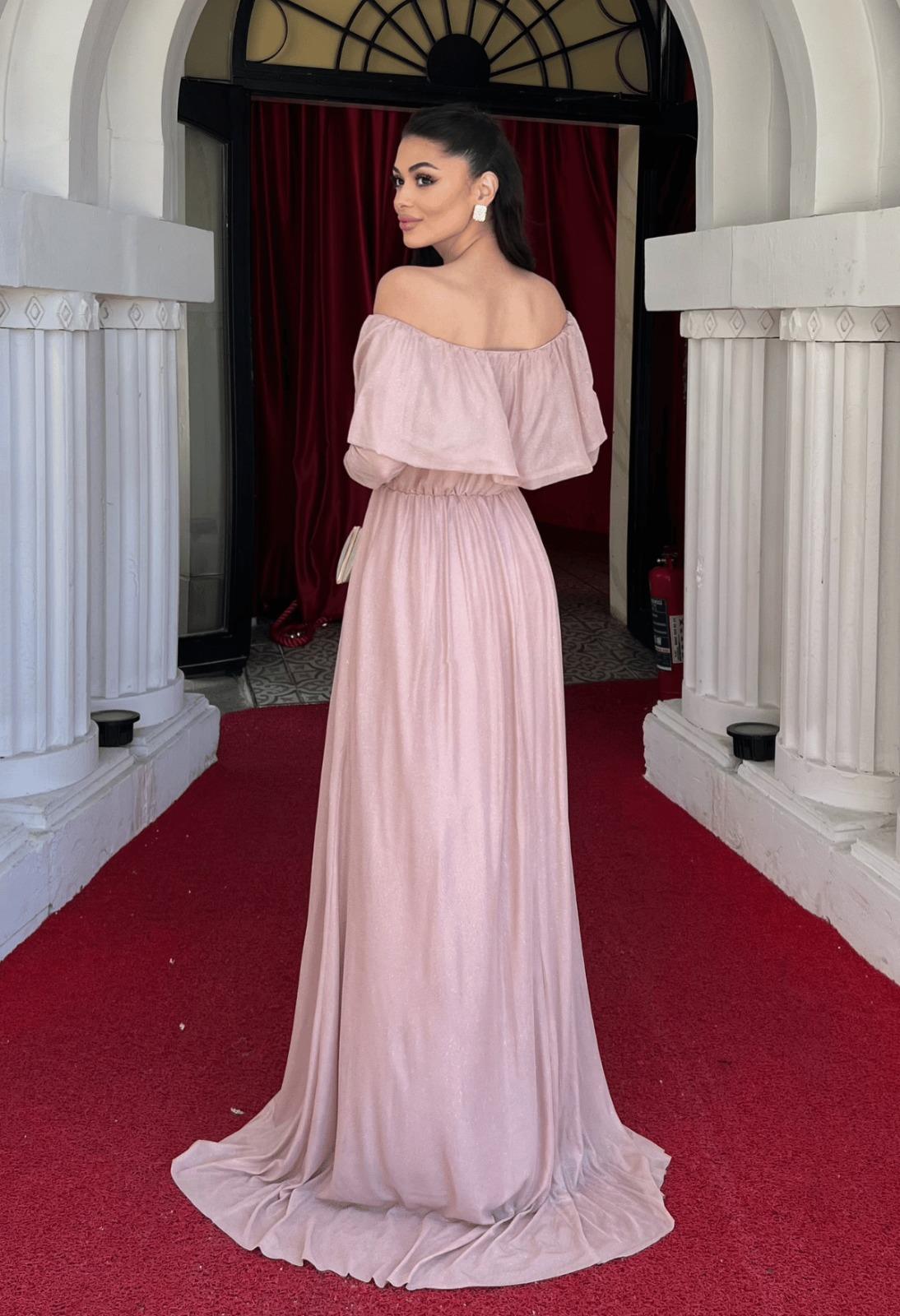 فستان سهرة لامع على التول - لون البودرة