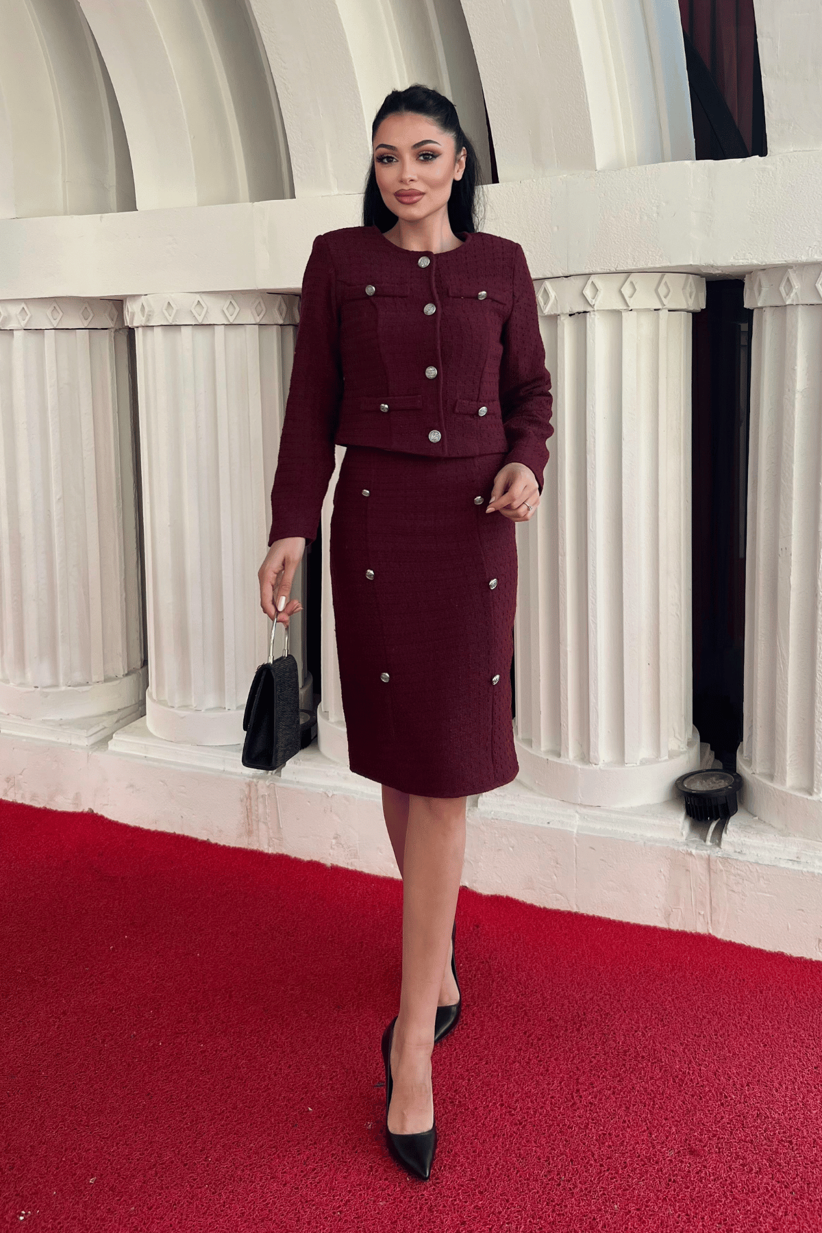 Tüvit Kumaş Bisiklet Yaka Ceket Etek Takım - BORDO