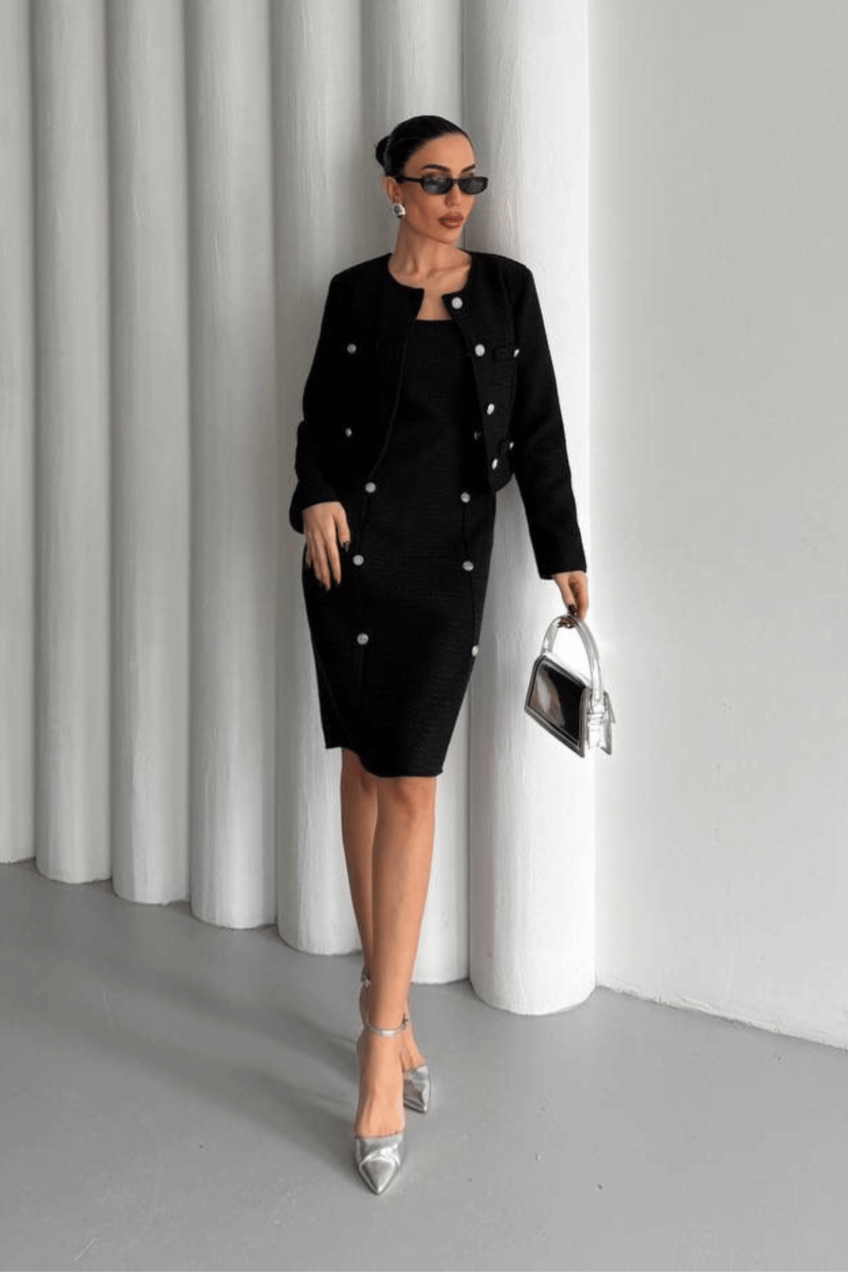 Tüvit Kumaş Bisiklet Yaka Ceket Etek Takım - SİYAH