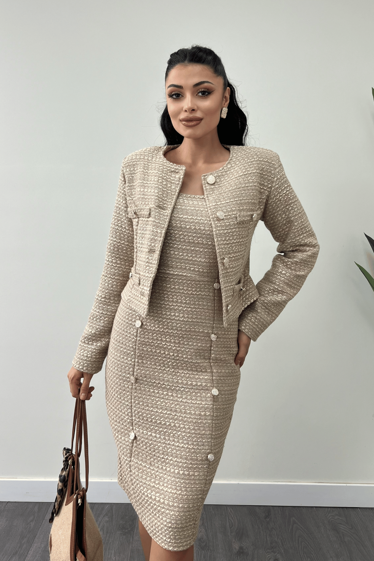 Tüvit Kumaş Bisiklet Yaka Ceket Etek Takım - BEJ