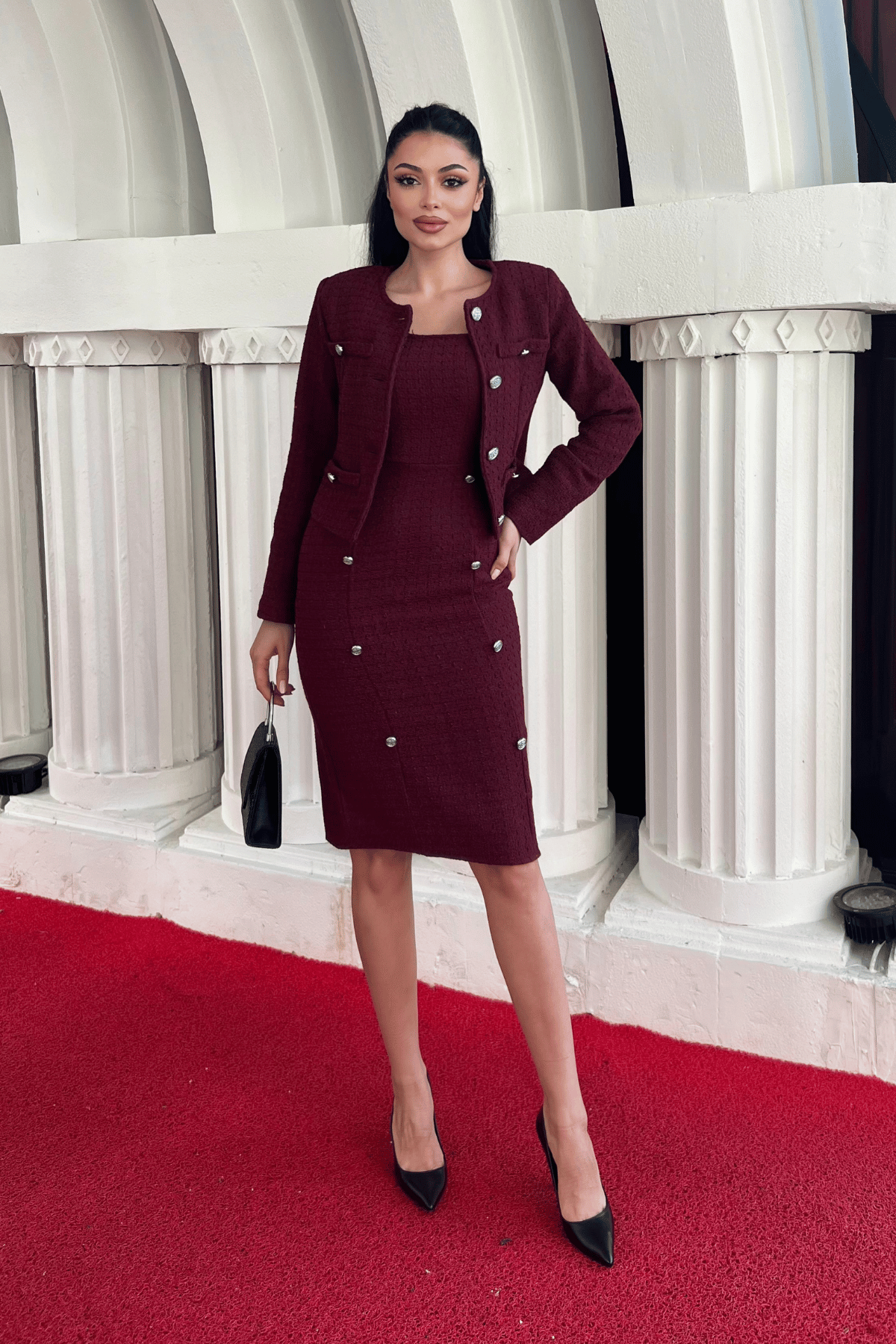 Tüvit Kumaş Bisiklet Yaka Ceket Etek Takım - BORDO