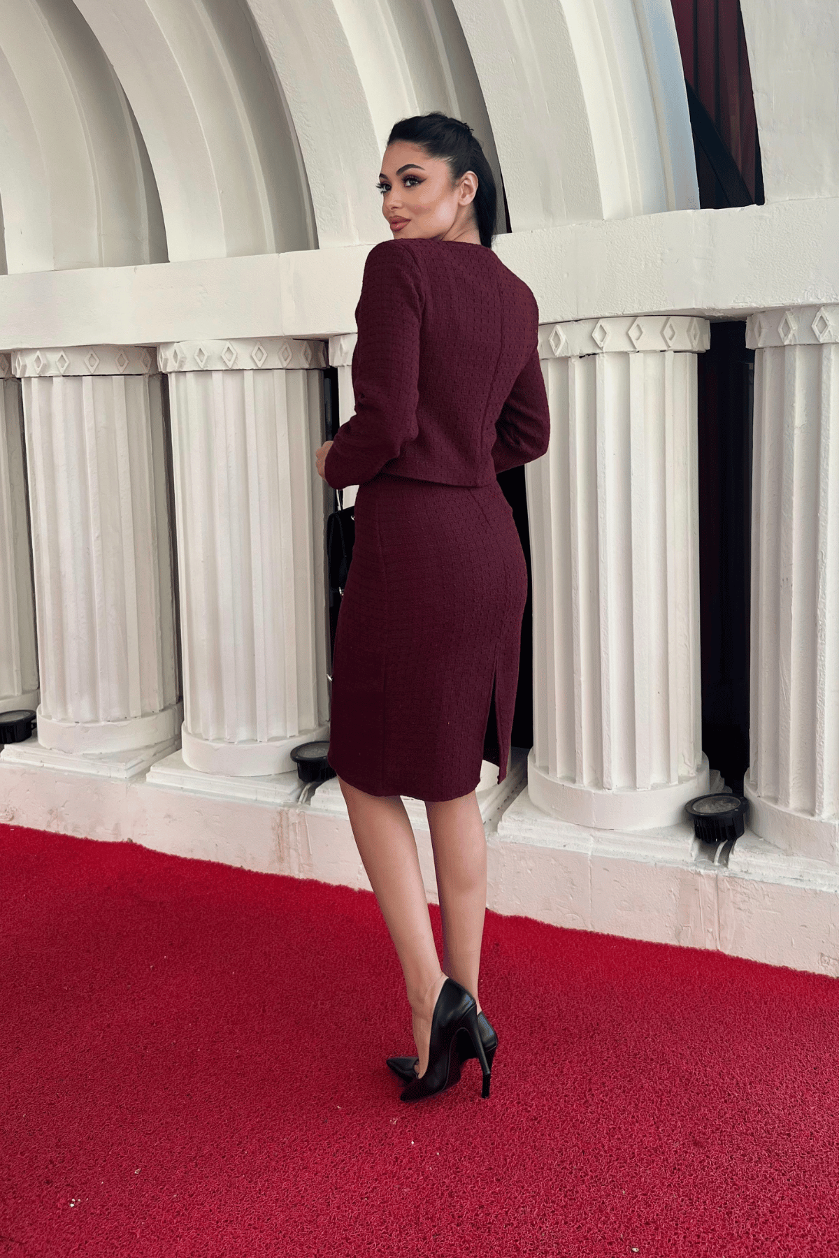 Tüvit Kumaş Bisiklet Yaka Ceket Etek Takım - BORDO