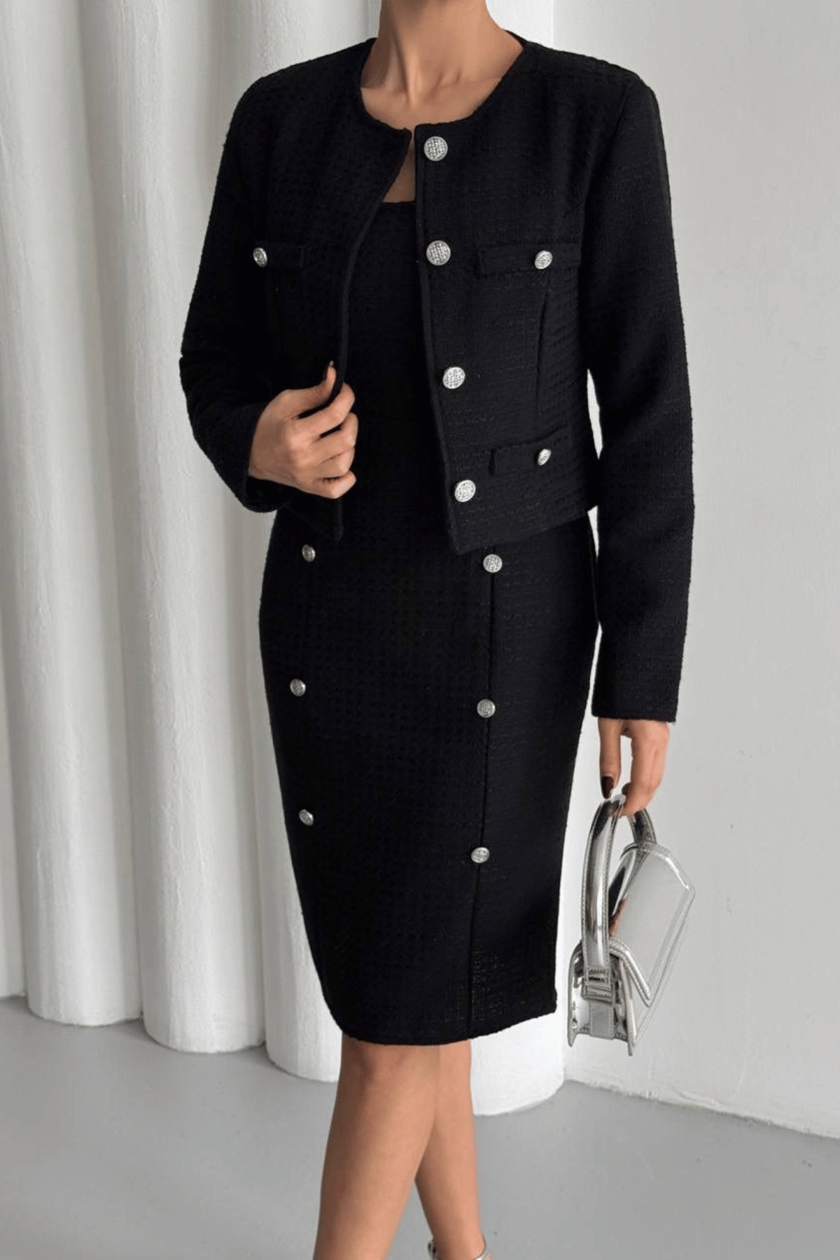 Tüvit Kumaş Bisiklet Yaka Ceket Etek Takım - SİYAH