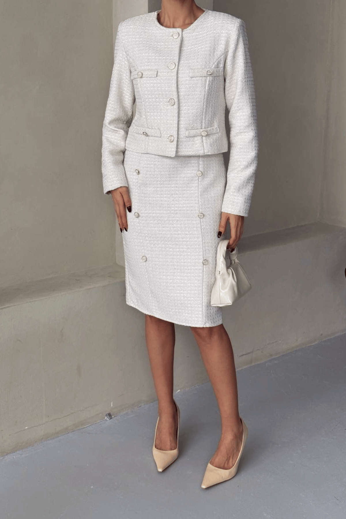 Tüvit Kumaş Bisiklet Yaka Ceket Etek Takım - BEYAZ