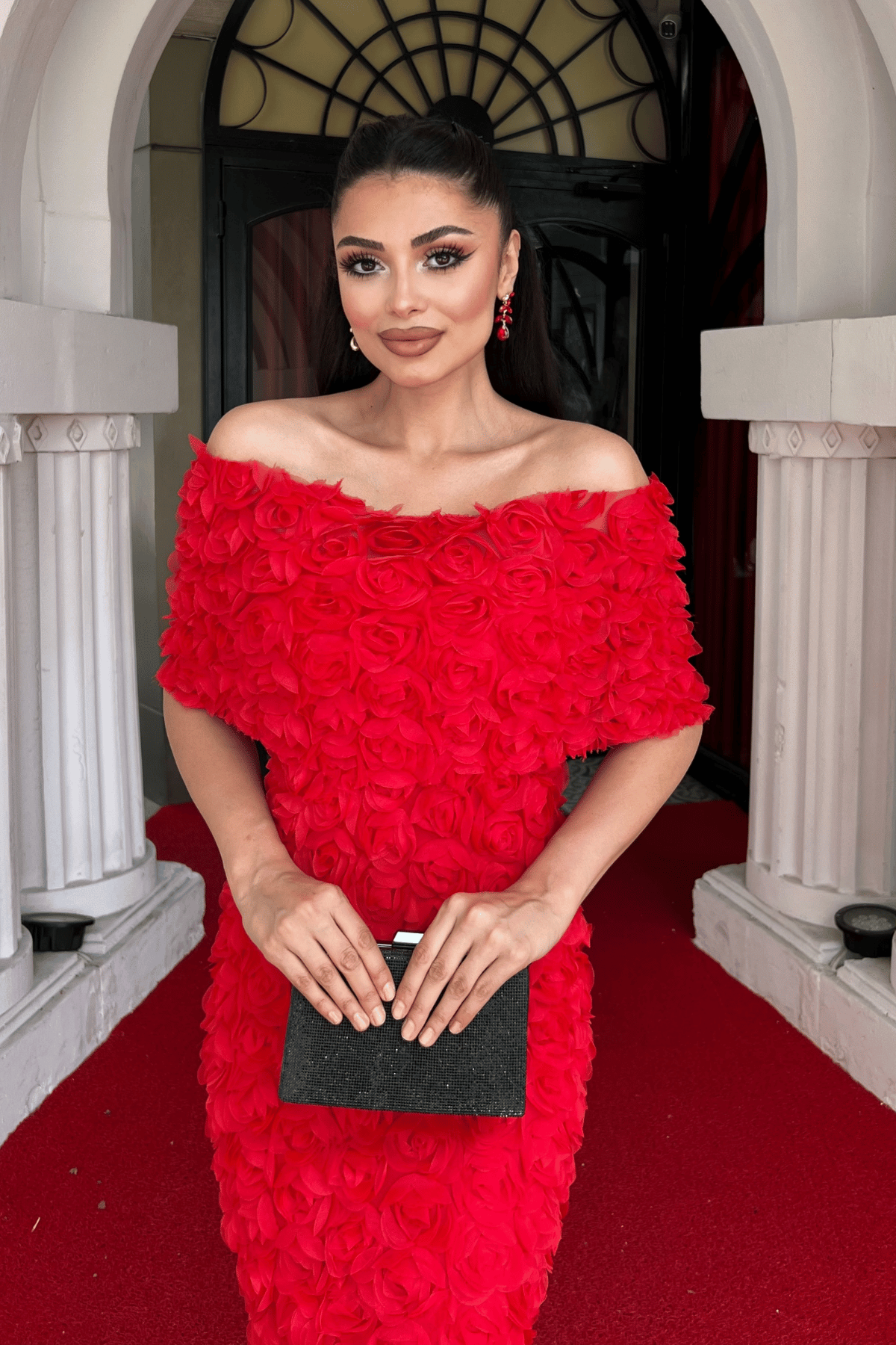 Üç Boyutlu Kumaş Bolero Detaylı Kalem Elbise - KIRMIZI