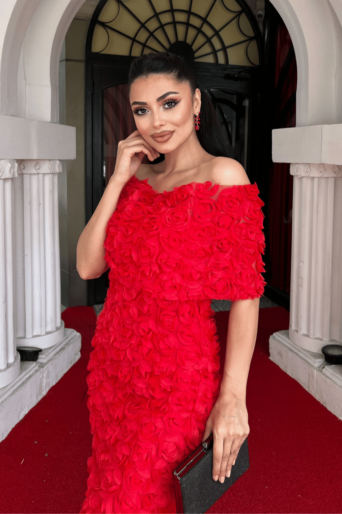 Üç Boyutlu Kumaş Bolero Detaylı Kalem Elbise - KIRMIZI