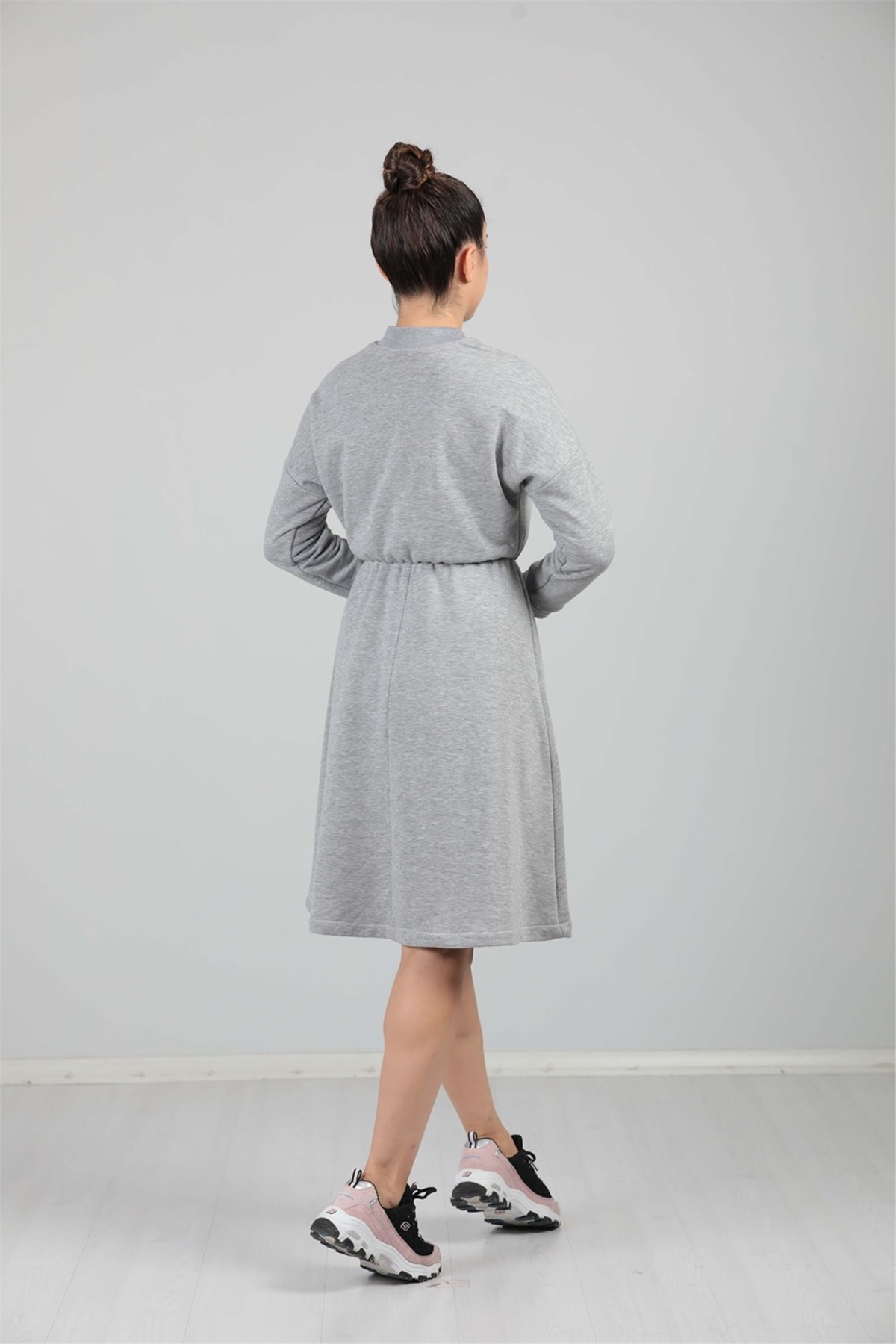 Üç İplik Fermuar Detaylı Elbise - Gri