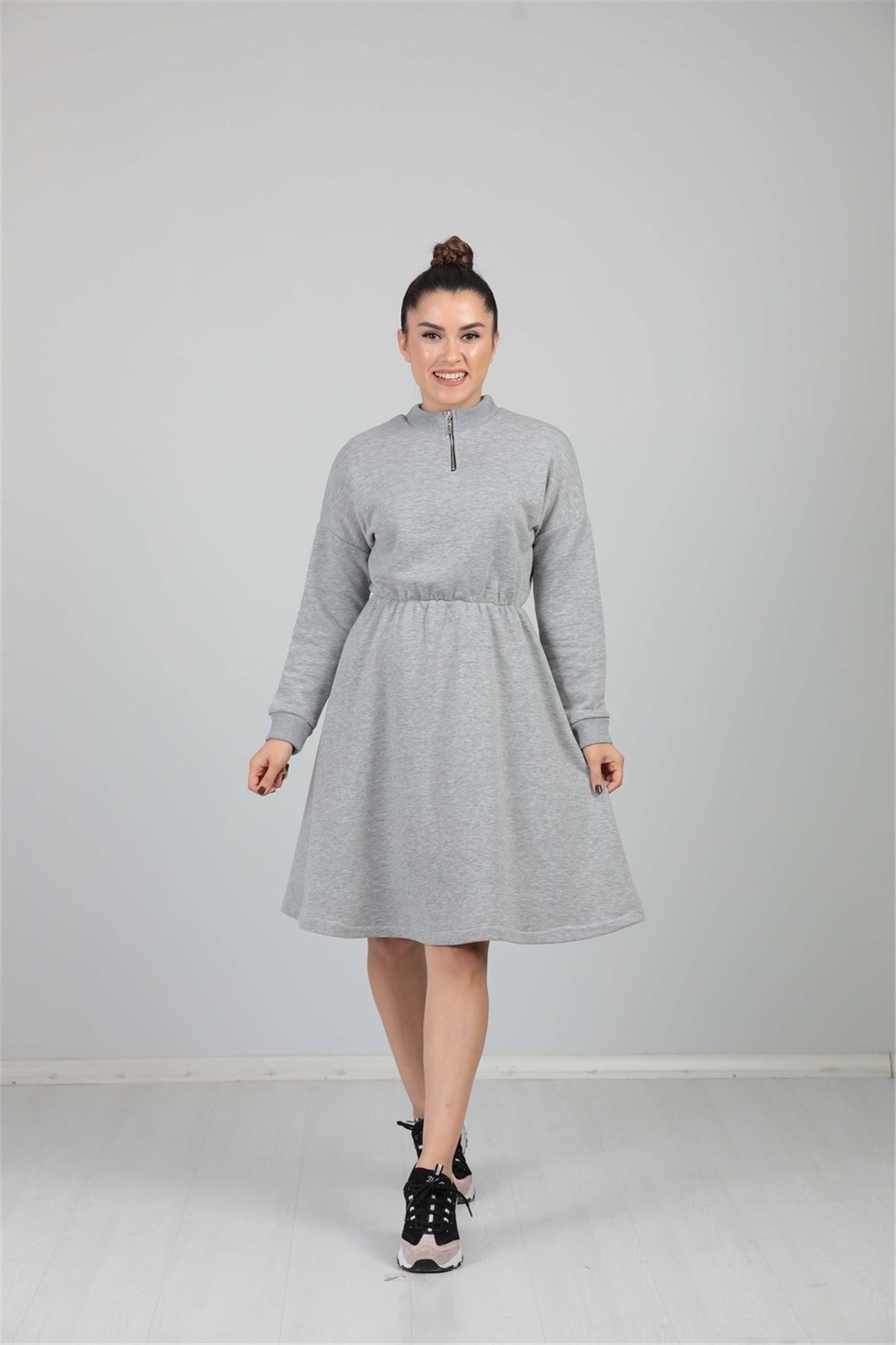 Üç İplik Fermuar Detaylı Elbise - Gri