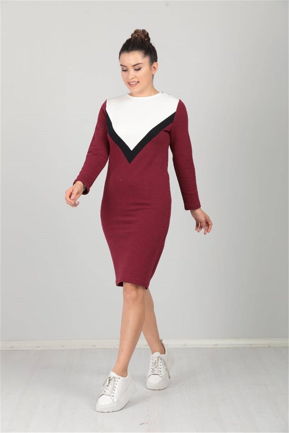 Üç İplik Günlük Elbise - Bordo