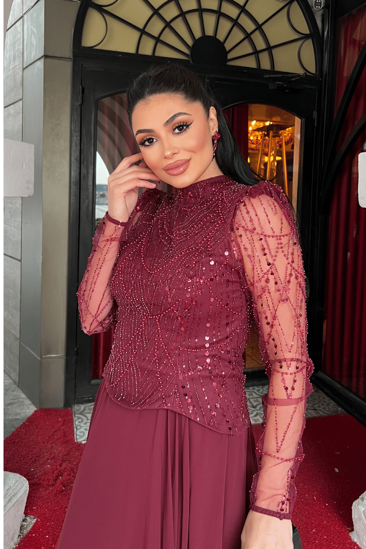 Üst Boncuk Detaylı Alt Şifon Elbise - BORDO