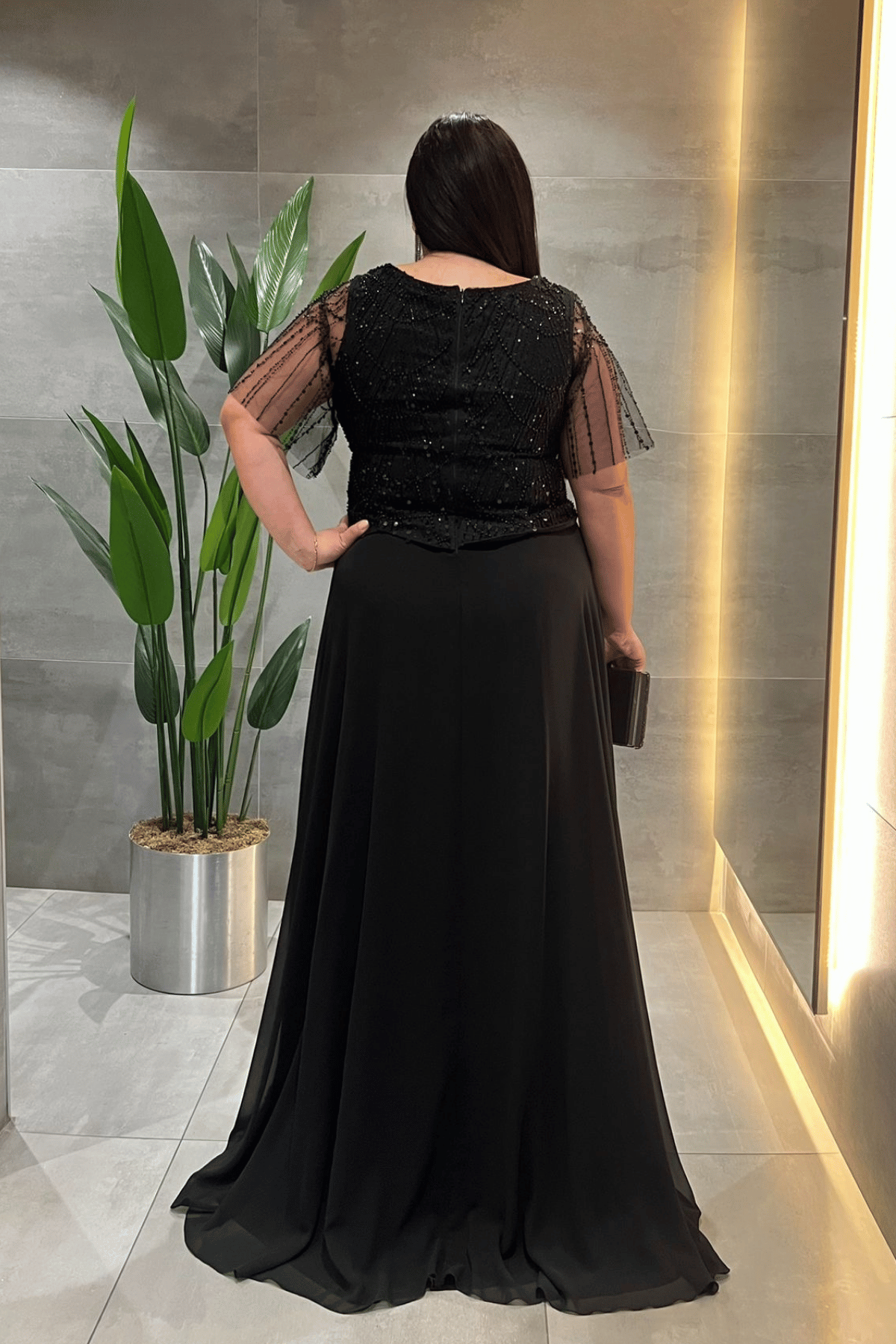 Üst Boncuklu Kumaş Alt Şifon Elbise - SİYAH