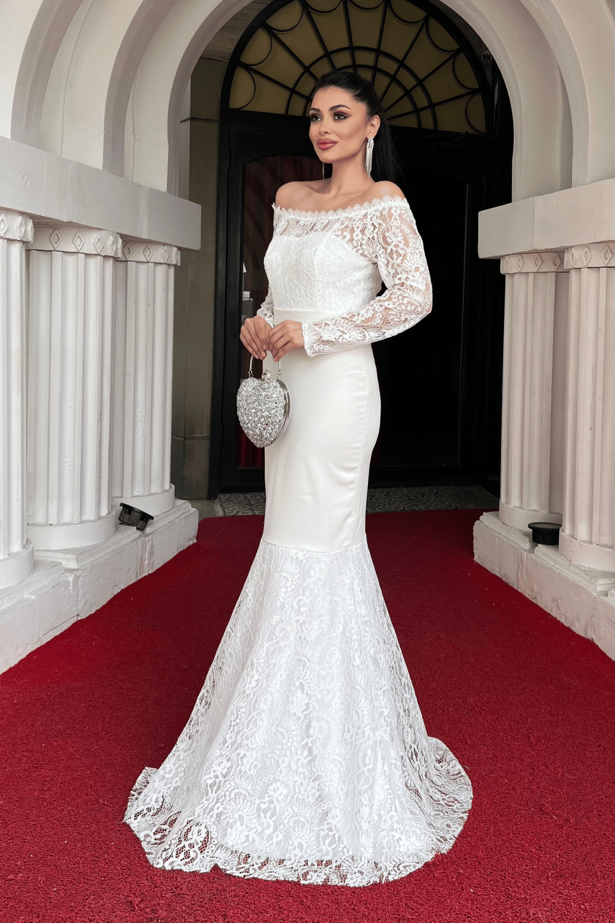 Üst Güpür Dantel Alt Double Kumaş Kayık Yaka Abiye Elbise - BEYAZ