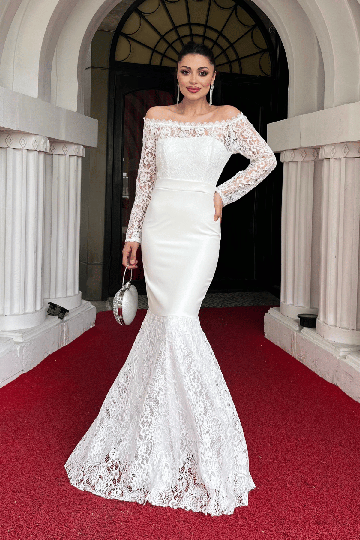 Üst Güpür Dantel Alt Double Kumaş Kayık Yaka Abiye Elbise - BEYAZ