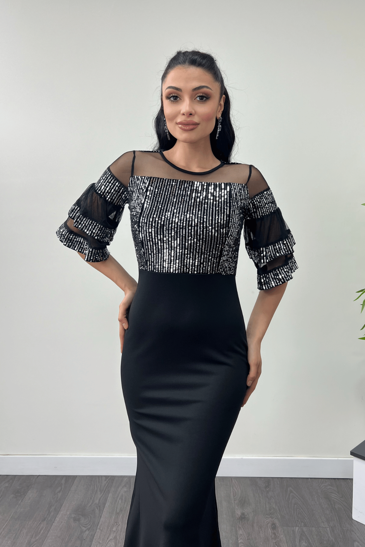 Upper Sequin Lower Crepe Fabric Evening Dress Silver