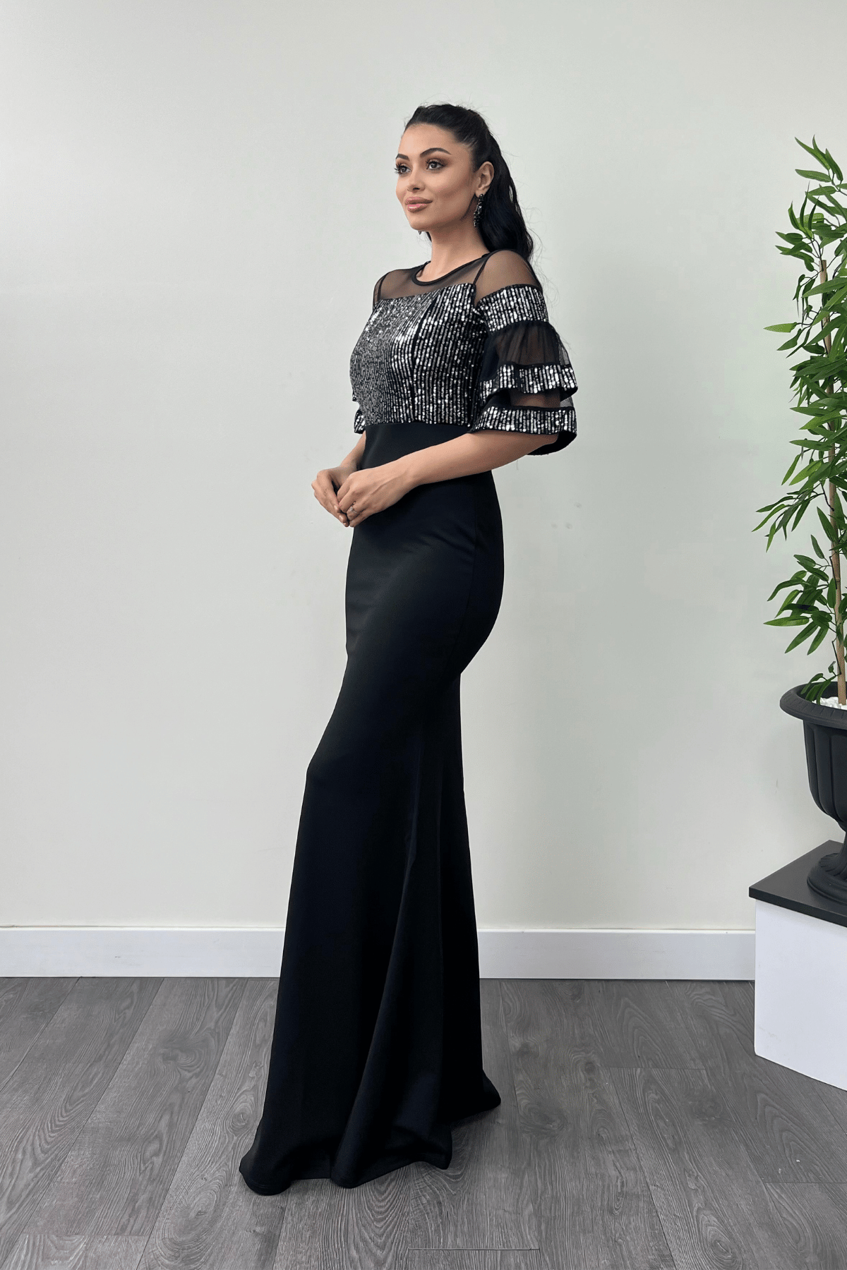 Upper Sequin Lower Crepe Fabric Evening Dress Silver