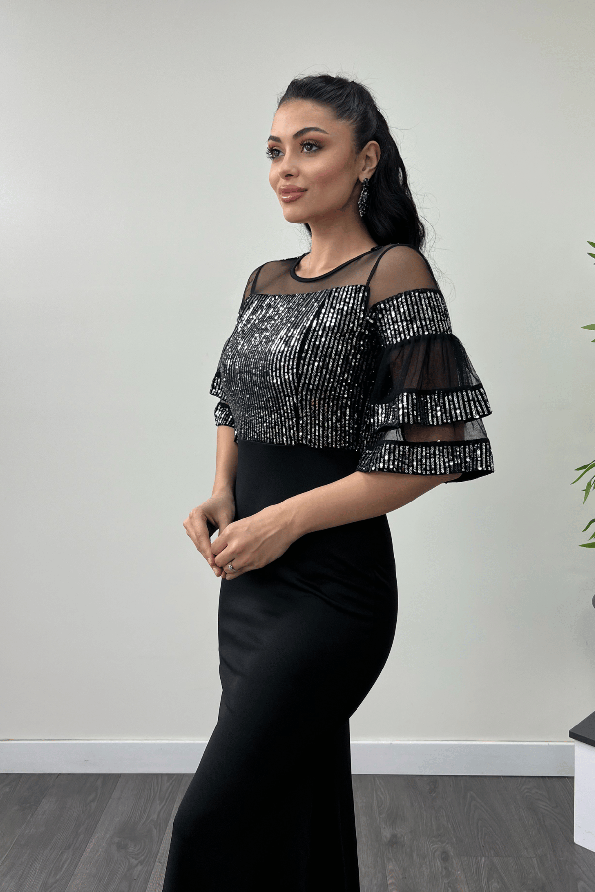 Upper Sequin Lower Crepe Fabric Evening Dress Silver