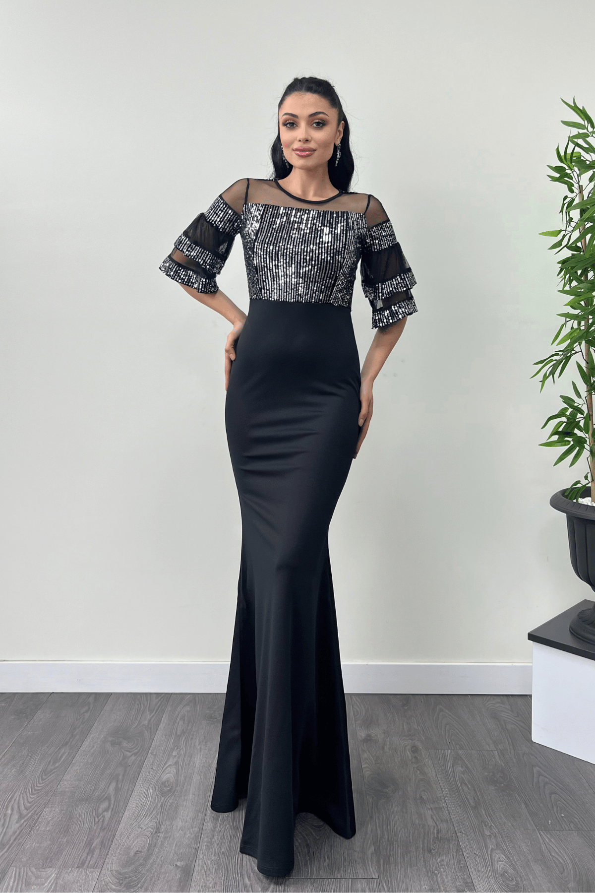 Upper Sequin Lower Crepe Fabric Evening Dress Silver