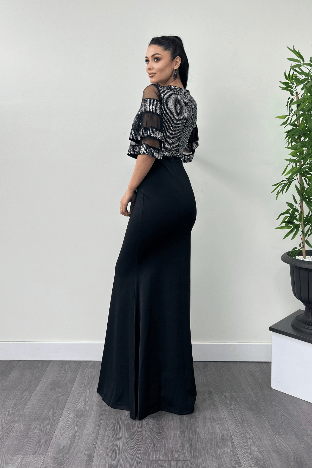 Upper Sequin Lower Crepe Fabric Evening Dress Silver