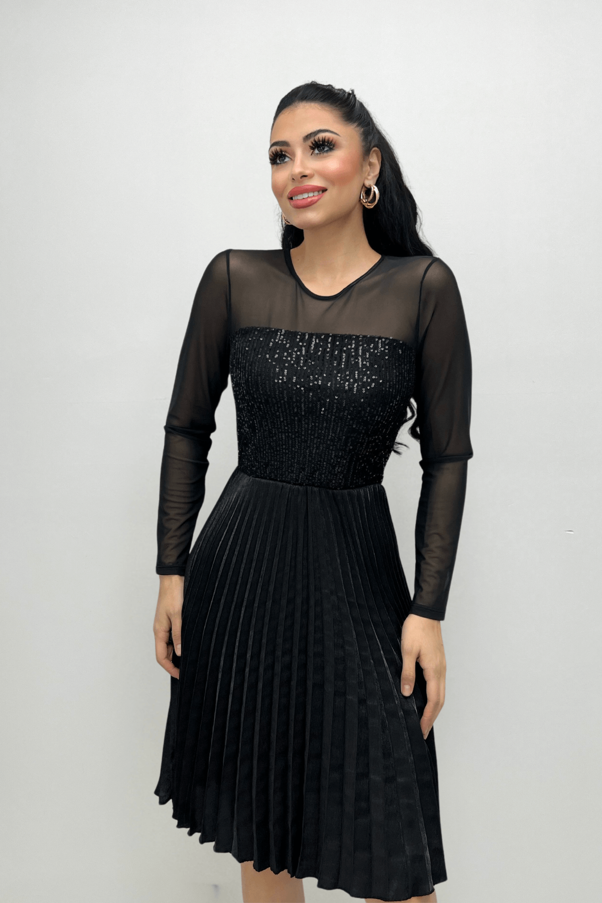 Üst Payet Alt Pliseli Midi Elbise - SİYAH