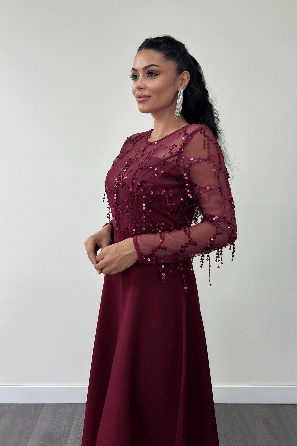 Üst Saçaklı Payet Alt Double Kumaş Midiboy Elbise - BORDO