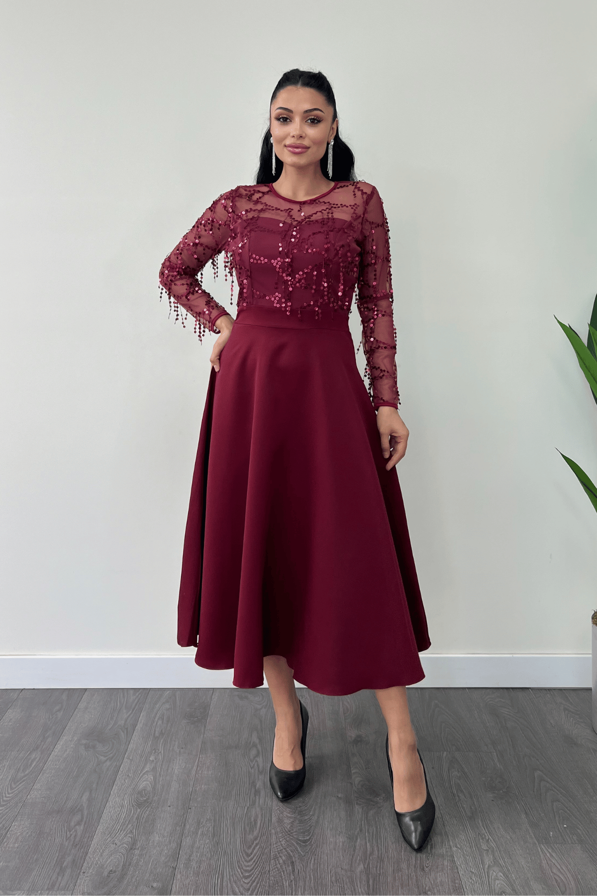 Üst Saçaklı Payet Alt Double Kumaş Midiboy Elbise - BORDO