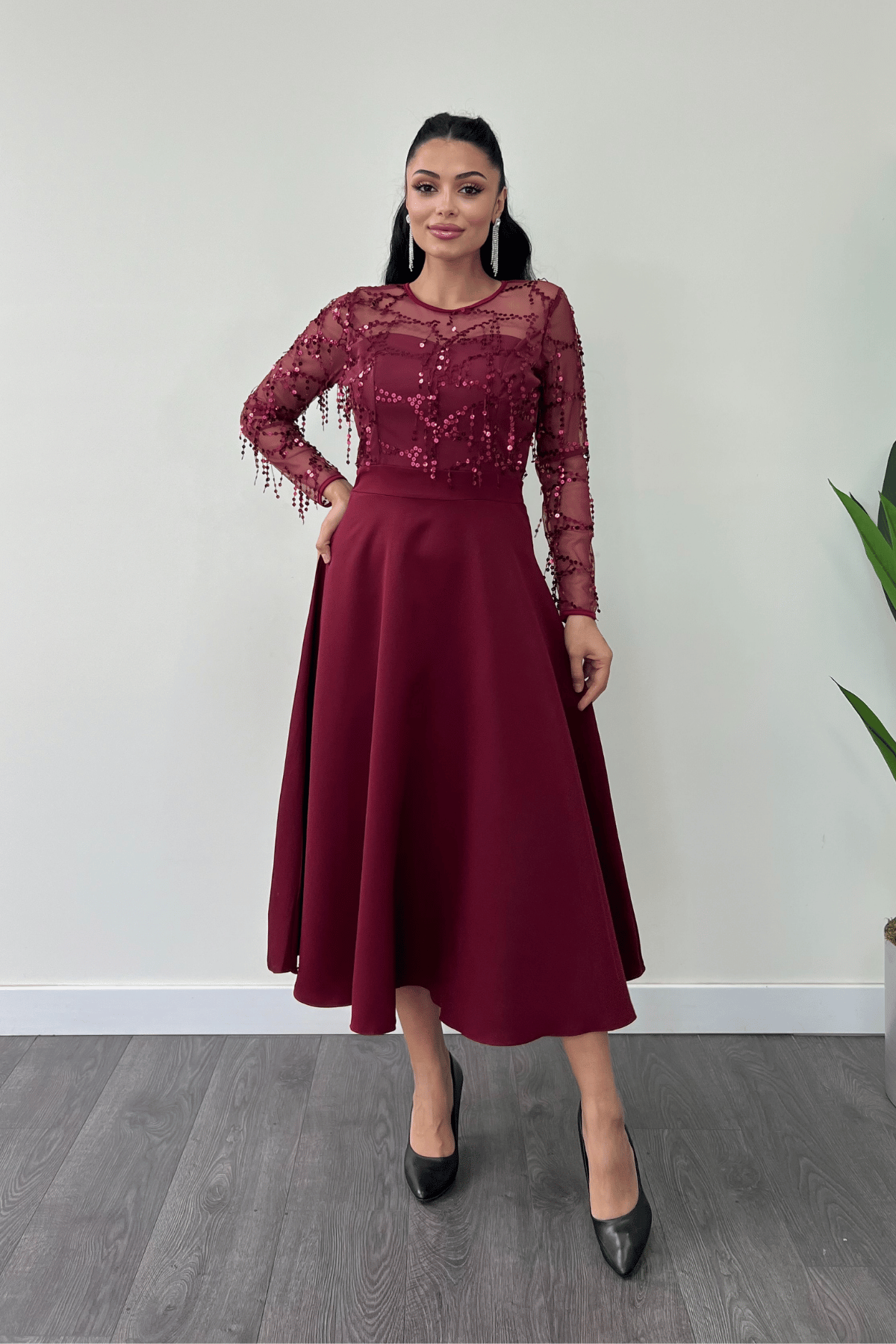 Üst Saçaklı Payet Alt Double Kumaş Midiboy Elbise - BORDO