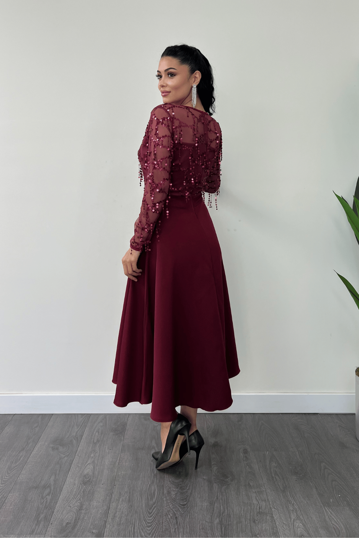 Üst Saçaklı Payet Alt Double Kumaş Midiboy Elbise - BORDO
