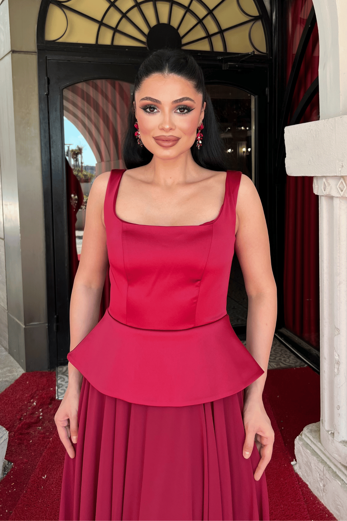 Üst Saten Alt Sifon Tasarım Elbise - BORDO