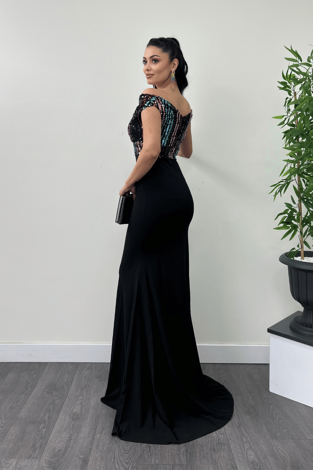 Top Spangle Bottom Crepe Mermaid Evening Dress - Black