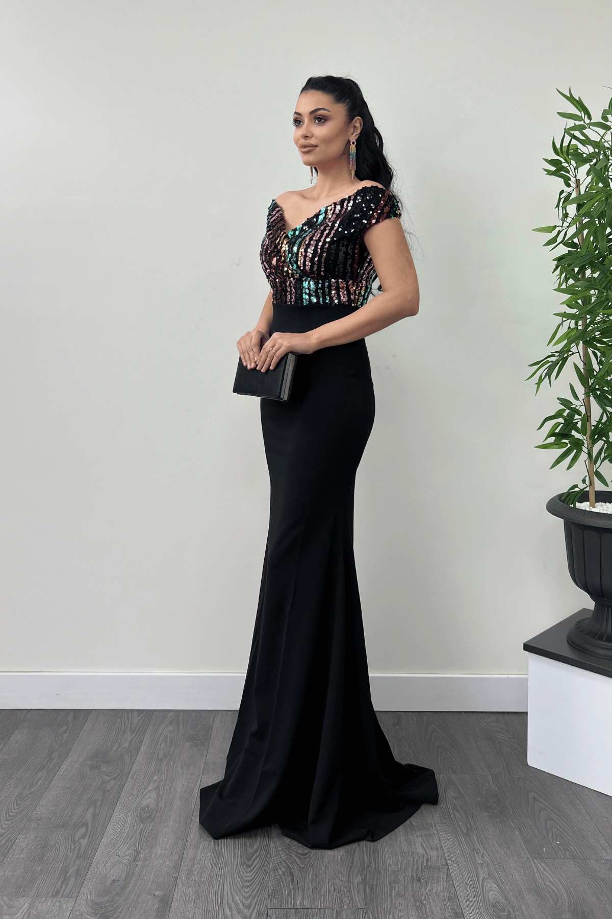 Top Spangle Bottom Crepe Mermaid Evening Dress - Black