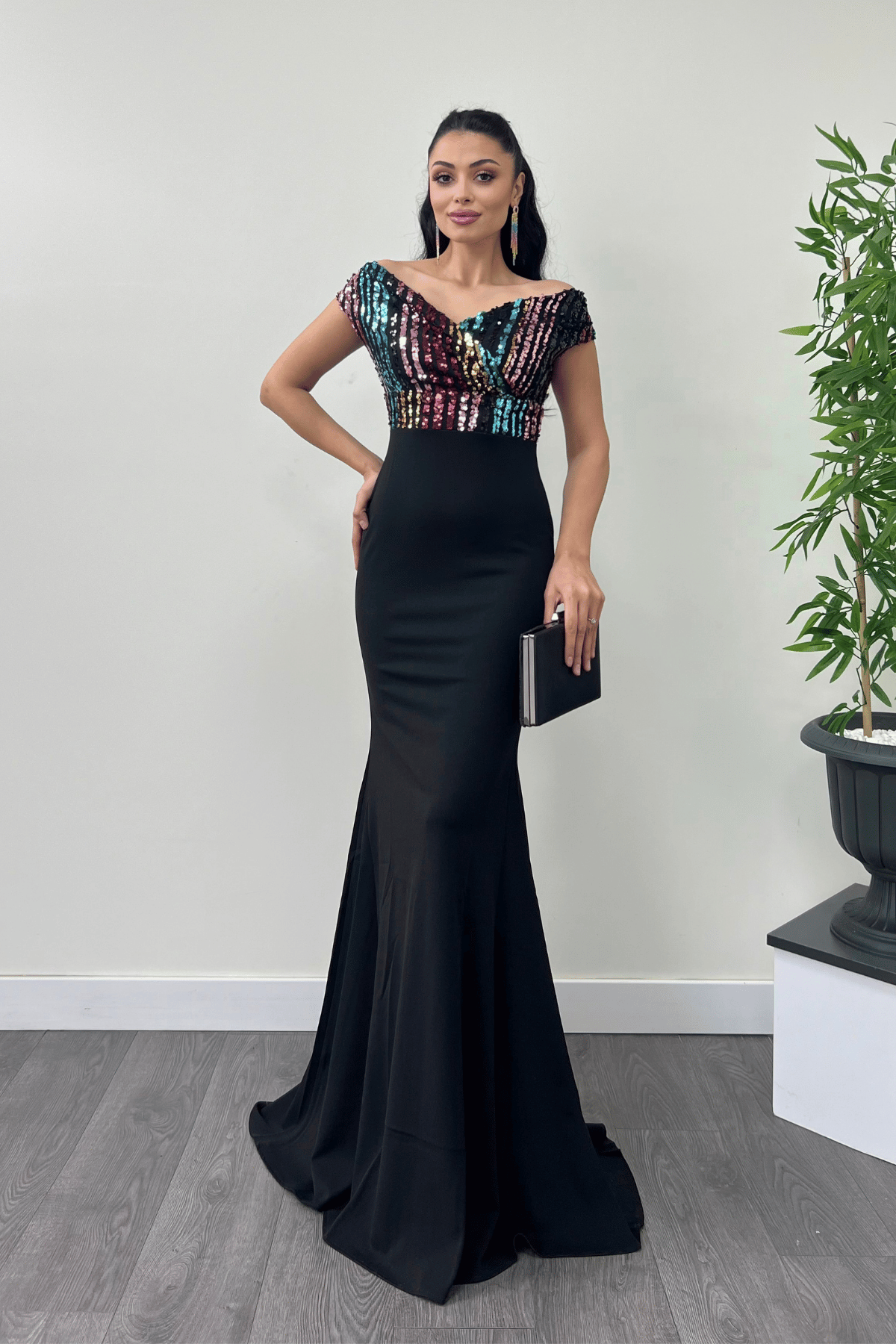 Top Spangle Bottom Crepe Mermaid Evening Dress - Black