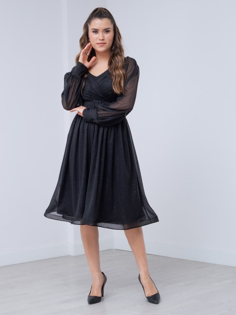 Uzun Kol Kemerli Tül Elbise - SİYAH