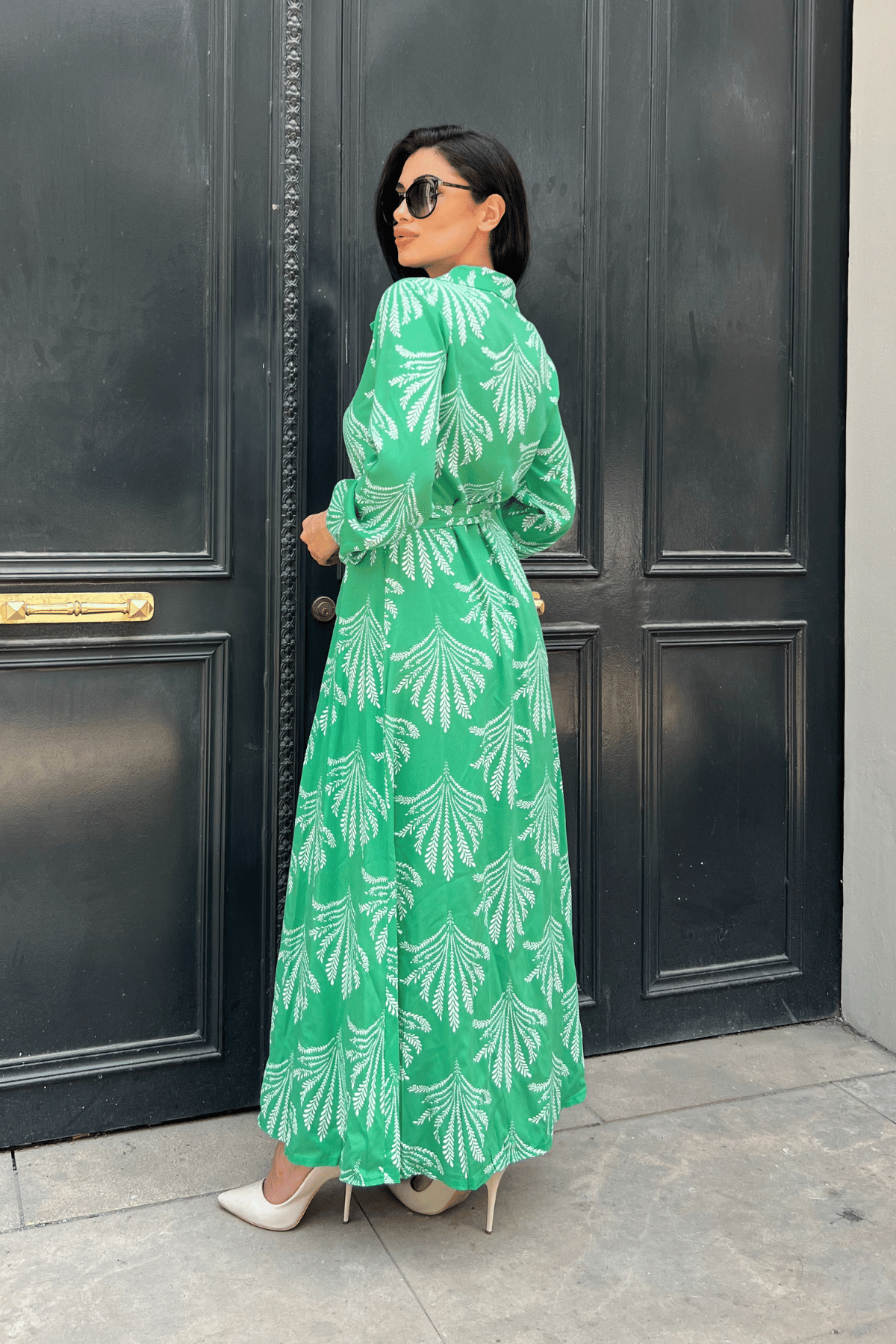 Viskon Kumas Düğme Detaylı Gömlek Elbise - YEŞİL