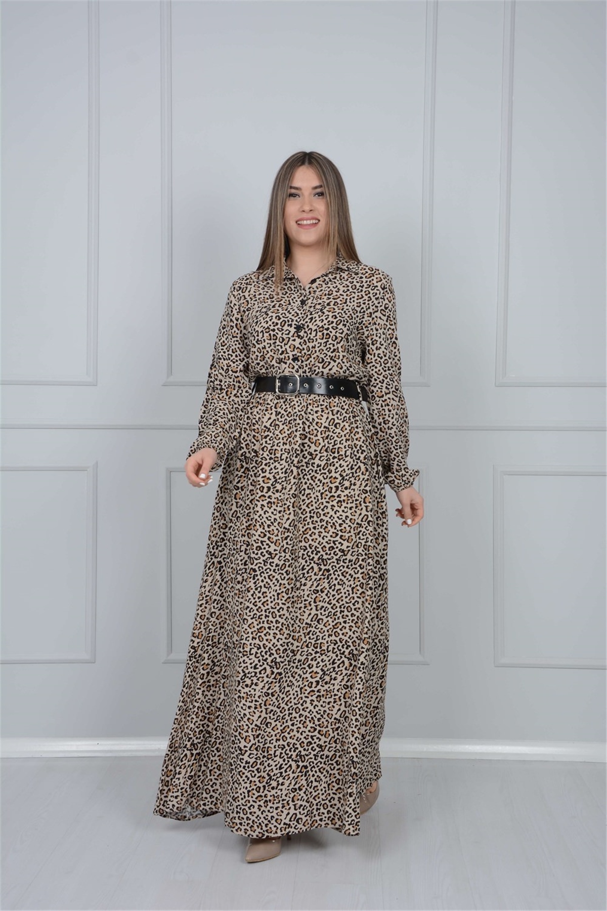 Viskon Kumaş Leopar Elbise - Krem