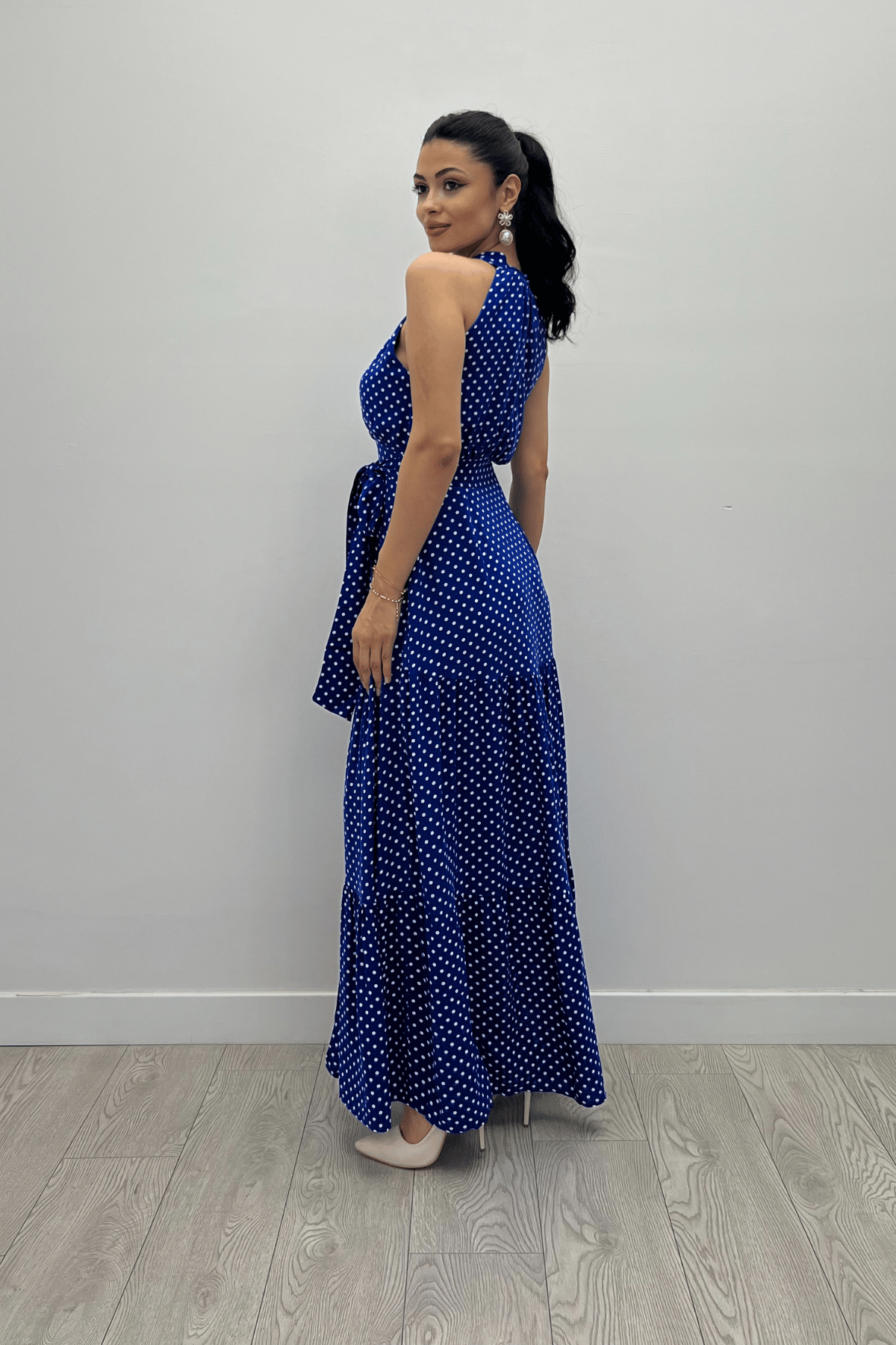 Viskon Kumas Puantiye Desenli Maxi Elbise - SAKS MAVİ