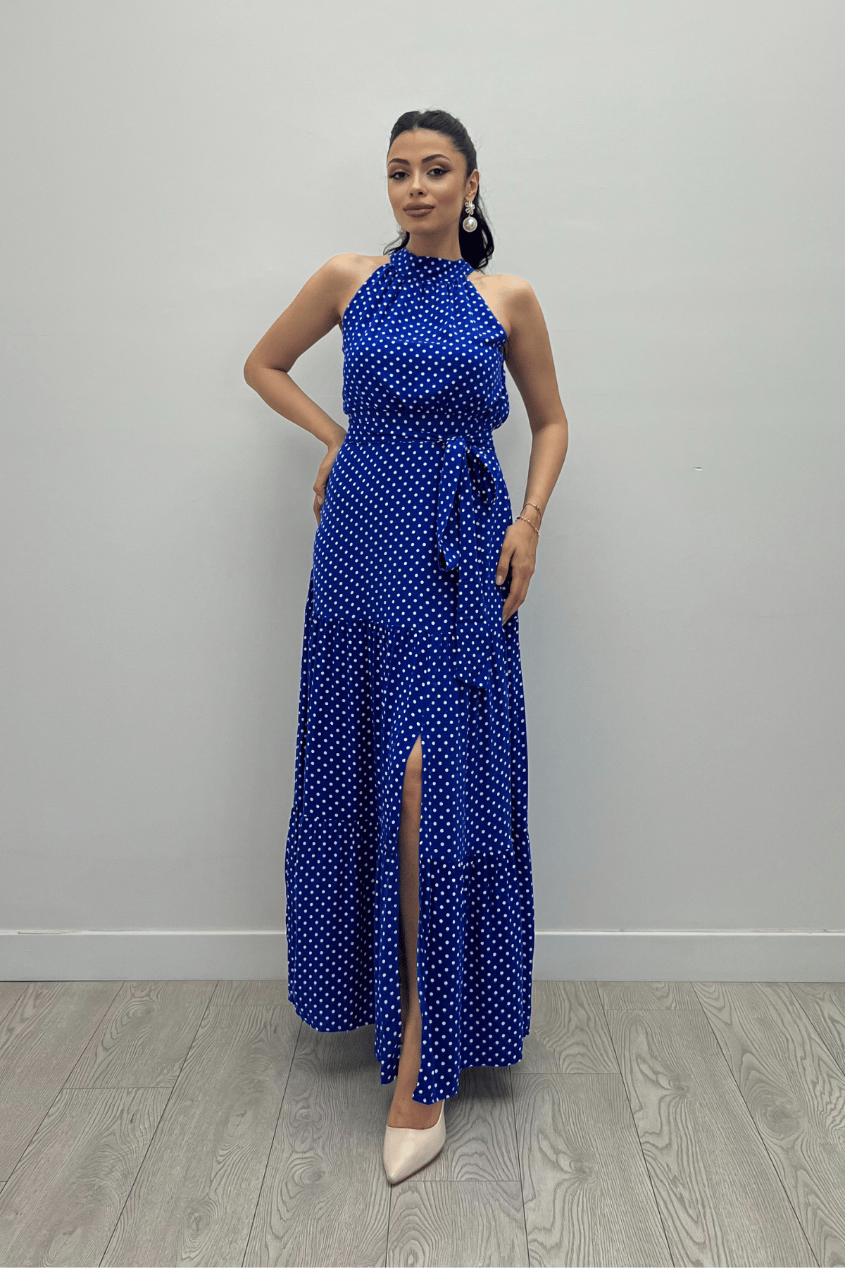 Viskon Kumas Puantiye Desenli Maxi Elbise - SAKS MAVİ