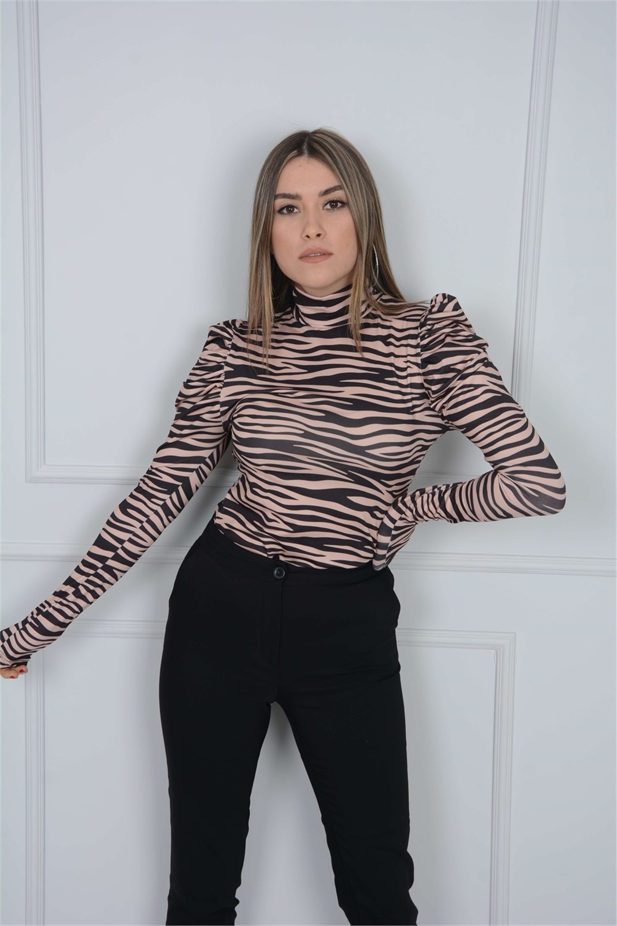 Zebra Desenli Bluz - Kahverengi
