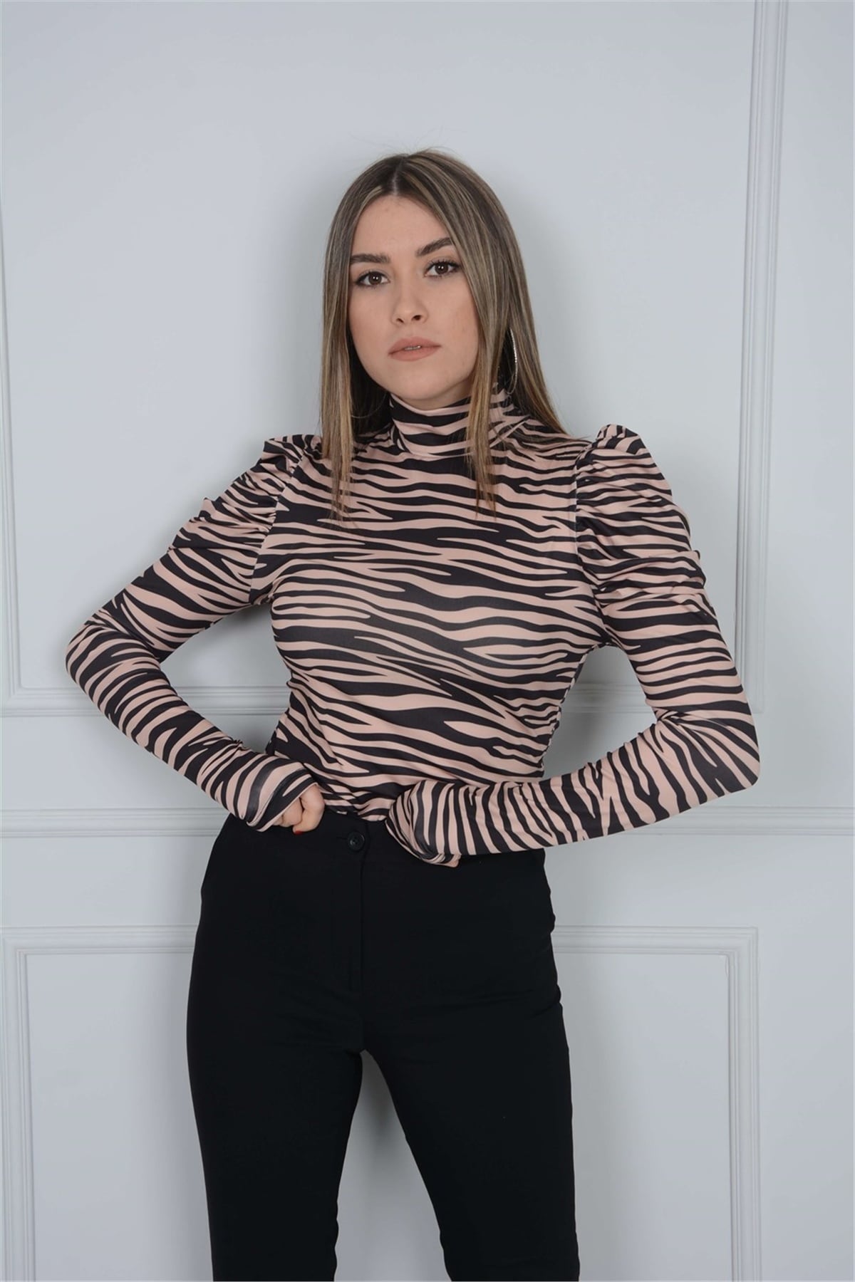 Zebra Desenli Bluz - Kahverengi