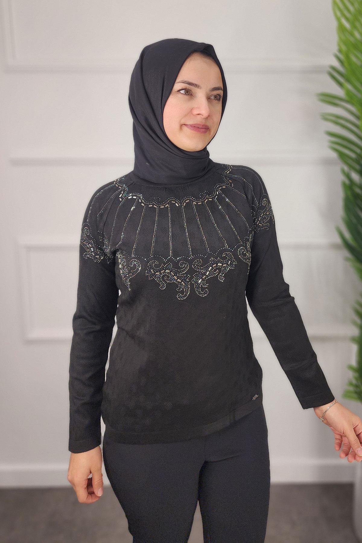 1524 AYLİN EKOSE BLUZ - Siyah
