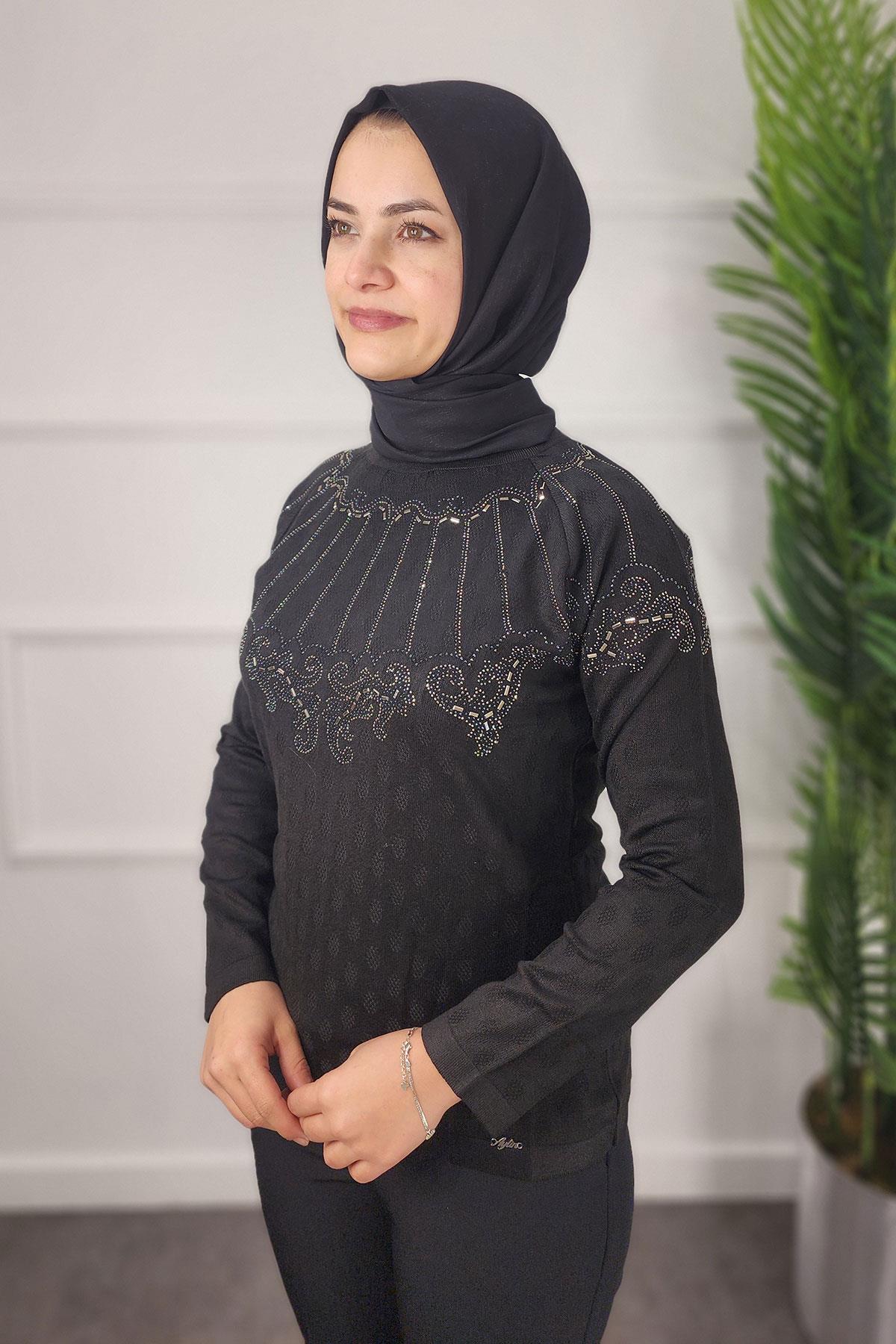 1524 AYLİN EKOSE BLUZ - Siyah